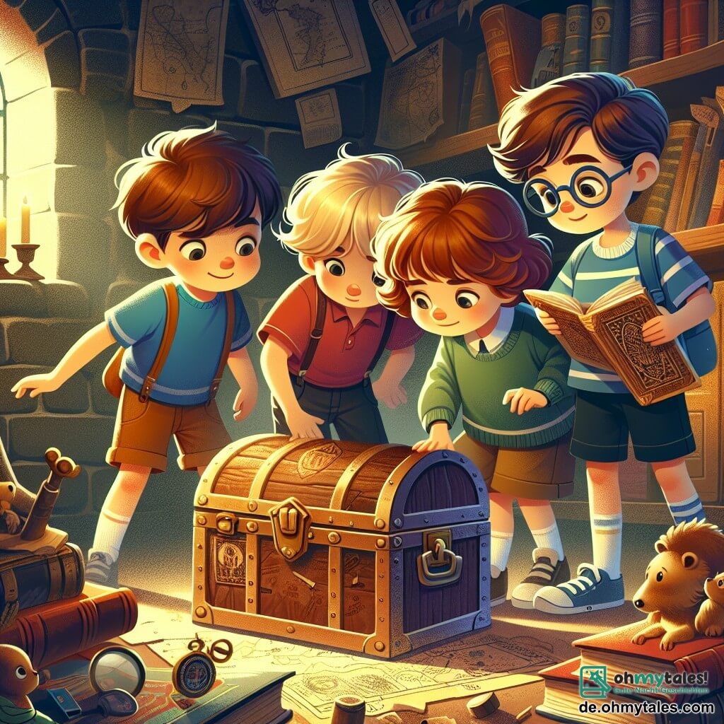 Une illustration sous forme de dessin destinée aux enfants représentant un groupe de quatre enfants de 9 ans, deux garçons aux cheveux châtains et un garçon aux cheveux blonds, tous vêtus de t-shirts colorés et de shorts, en train de découvrir un vieux coffre en bois poussiéreux dans une pièce sombre et mystérieuse remplie de vieux livres et d'objets étranges, tandis qu'une fille aux cheveux bouclés et aux lunettes examine une carte ancienne avec des marques intrigantes, le tout baigné dans une lumière douce et dorée qui filtre à travers une petite fenêtre, évoquant un sentiment d'aventure et de curiosité.