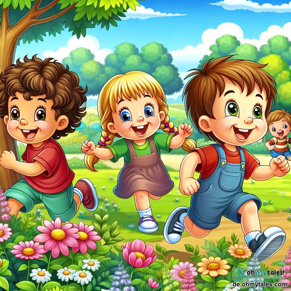 Une illustration sous forme de dessin destinée aux enfants représentant un parc ensoleillé, avec des arbres verdoyants et des fleurs colorées, où un groupe de trois enfants de 5 ans s'amuse ensemble : un garçon aux cheveux bruns et bouclés, souriant et courant, une fille aux cheveux blonds et tressés, riant tout en se cachant derrière un arbre, et un garçon aux cheveux châtains, joyeux, qui les cherche en comptant, illustrant un moment de jeu de cache-cache, symbolisant l'amitié et la joie de partager des aventures ensemble.