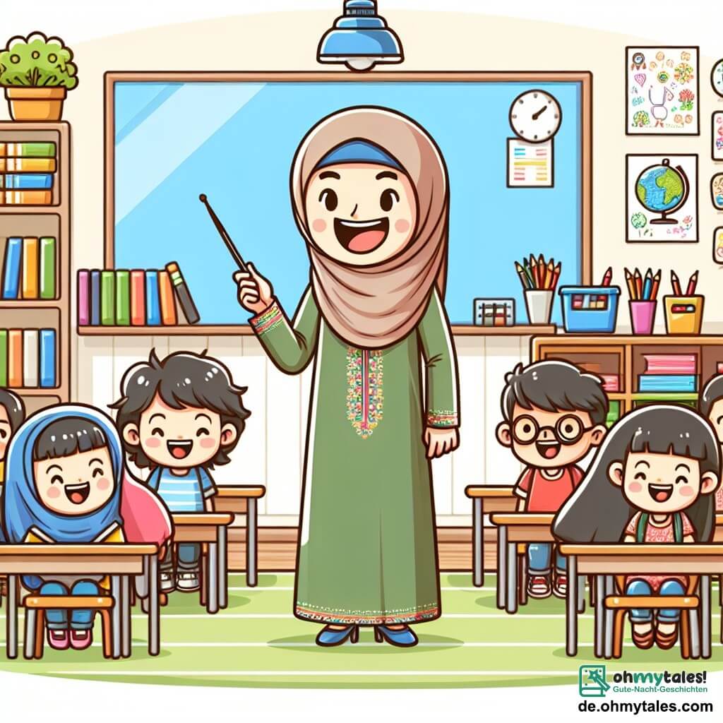 Une illustration destinée aux enfants représentant une institutrice joyeuse se préparant à enseigner une leçon passionnante à une classe de garçons et de filles, dans une salle de classe lumineuse et colorée remplie de livres, de crayons et de dessins accrochés aux murs.