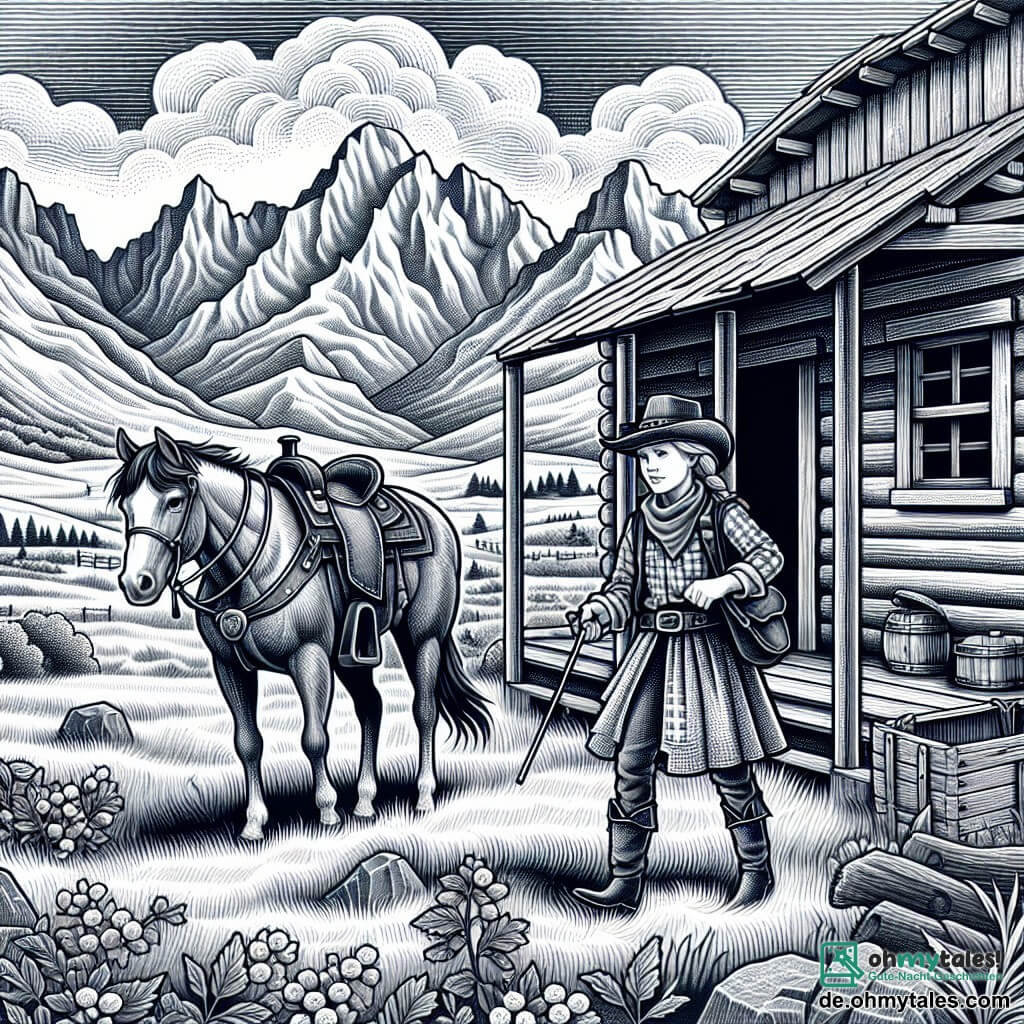 Une illustration destinée aux enfants représentant une jeune femme cow-girl courageuse, accompagnée de son fidèle cheval, découvrant un trésor caché dans une vieille cabane en bois au cœur de la vaste et sauvage prairie du Far West, où les montagnes s'élèvent majestueusement à l'horizon.