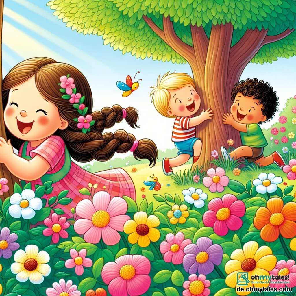 Une illustration sous forme de dessin destinée aux enfants représentant un jardin ensoleillé rempli de fleurs colorées, où une petite fille de 3 ans avec de longs cheveux bruns tressés joue joyeusement à cache-cache, tandis qu'un garçon de 4 ans aux cheveux blonds courts se cache derrière un grand arbre et une petite fille aux cheveux noirs bouclés grimpe sur une branche, tous trois riant ensemble et célébrant leur amitié et l'égalité des genres.