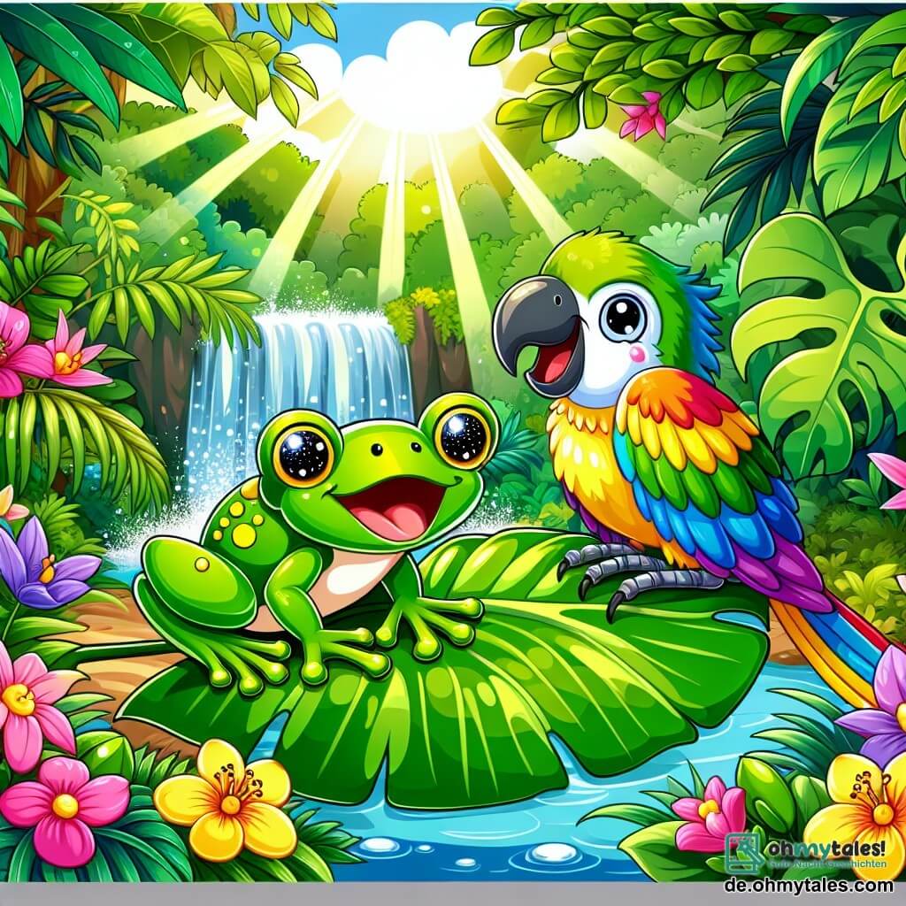 Illustration eines wunderschönen tropischen Dschungellandschaft mit üppigem grünem Laub und leuchtend bunten Blumen. In der Mitte sitzt ein kleines, strahlend grünes Frosch mit runden, funkelnden Augen auf einem großen Blatt und lacht herzhaft. Sie hat kleine gelbe Flecken auf dem Rücken und zarte Beine, die bereit zu springen scheinen. Neben ihr sitzt ein fröhlicher Papagei mit buntem Gefieder, einem gebogenen Schnabel und einem schelmischen Blick auf einem Ast und lacht mit ihr. Die Szene wird von dem Geräusch eines glitzernden Wasserfalls belebt, wo Wassertropfen in der Sonne tanzen, und dem Murmeln eines Baches, der Witze erzählt. Die Atmosphäre ist fröhlich und voller Leben, mit Sonnenstrahlen, die durch das Laub dringen und das Duo von Freunden erhellen, während sie den Humor der natürlichen Welt entdecken.