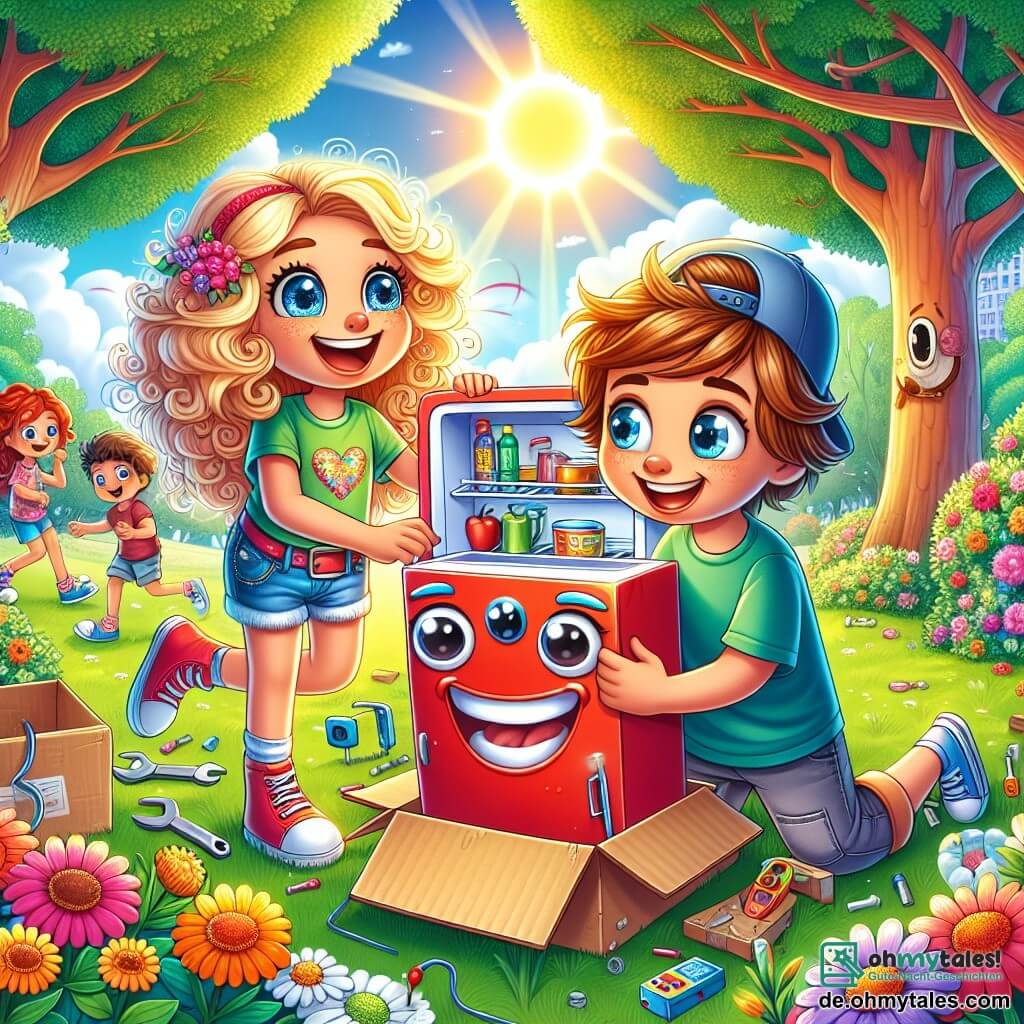 Illustration eines sonnigen, bunten Parks, gefüllt mit leuchtenden Blumen und majestätischen Bäumen mit üppigem grünem Laub. Im Zentrum der Szene steht ein 11-jähriges Mädchen mit großen blonden Locken und neugierigen, funkelnden Augen, das sich über einen großen Karton beugt und konzentriert an einem lustigen Kühlschrank arbeitet. Sie trägt ein buntes T-Shirt und eine Jeansshorts, dazu abgetragene Turnschuhe. Neben ihr steht ein 11-jähriger Junge mit zerzausten braunen Haaren und einer rückwärts getragenen Kappe, der sie mit einem amüsierten Lächeln beobachtet und ein Werkzeug in der Hand hält. Die Hauptsituation zeigt das Mädchen, das ihrem Freund Anweisungen gibt, während ein roter Kühlschrank mit runden, lächelnden Augen, namens Fridolin, vibriert und lustige Geräusche macht. Lachen und bunte Sprechblasen schweben um sie herum und verdeutlichen die Aufregung und Kreativität des Moments. Im Hintergrund spielen und lachen andere Kinder, was der Szene eine fröhliche und dynamische Atmosphäre verleiht.