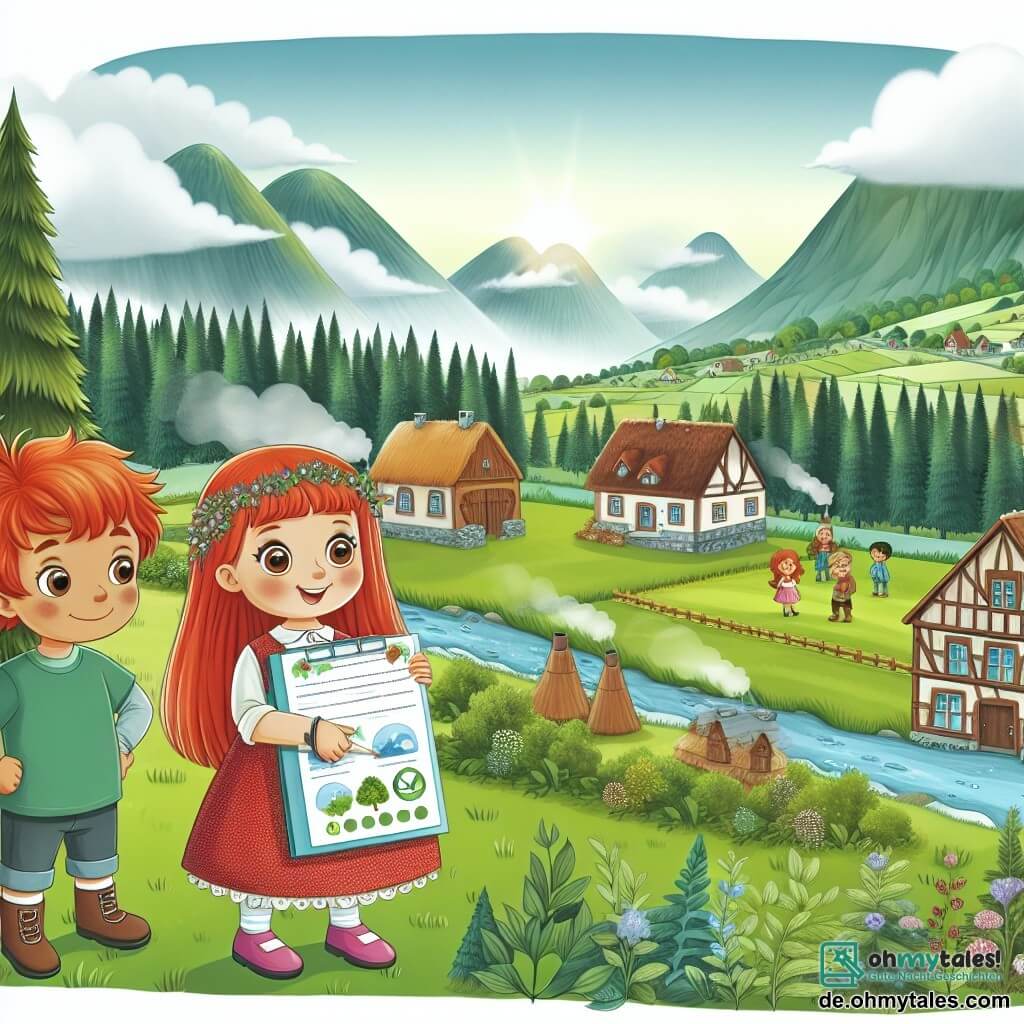 Une illustration destinée aux enfants représentant une petite fille curieuse de la nature, accompagnée de son ami garçon aux cheveux roux, qui planifient une action pour sensibiliser leur communauté au changement climatique, dans un village entouré de verdoyantes prairies et de majestueux arbres.