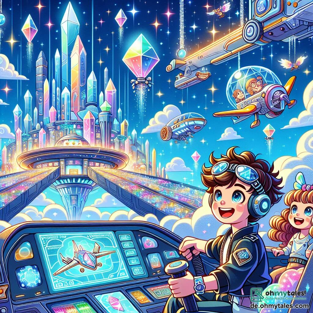 Eine Illustration zeigt eine lebendige Szene in einer schwebenden futuristischen Stadt, in der funkelnde Gebäude in Kristallform majestätisch in einem hellblauen Himmel mit fluffigen Wolken emporragen. In der Mitte zeigt ein großes Hologramm Informationen über ein neues Flugfahrzeug, den SkyGlider, während bunte Fahrzeuge durch die Luft fliegen. Ein achtjähriger Junge mit zerzausten braunen Haaren und neugierigen Augen sitzt im Cockpit eines futuristischen Fahrzeugs. Er trägt einen glänzenden Pilotenanzug und lächelt begeistert. Neben ihm hält ein achtjähriges Mädchen mit langen, goldenen Haaren und fröhlichen Locken fest einen Joystick, ihr Gesicht strahlt vor Aufregung und Entschlossenheit. Die Szene fängt den Moment ein, in dem sie sich bereit machen, mit dem SkyGlider abzuheben, ihre Gesichter erleuchtet vom Licht des Armaturenbretts. Im Hintergrund fliegen bunte Wolken und mechanische Vögel um sie herum und verleihen der Umgebung einen Hauch von Magie. Passanten schweben in fliegenden Fahrzeugen vorbei und beobachten bewundernd. Schwebende Pflanzen und funkelnde Lichter vervollständigen diese futuristische Atmosphäre und schaffen ein lebendiges, dynamisches Bild.