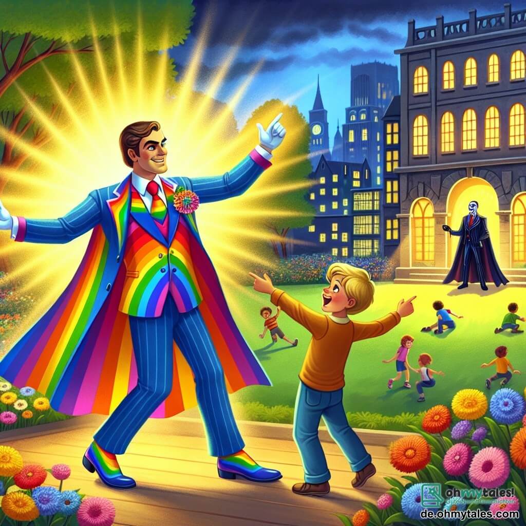 Une illustration destinée aux enfants représentant un homme au costume brillant comme un arc-en-ciel, capable de contrôler la lumière et de chasser les ombres, se tenant courageusement au cœur d'un parc vibrant de couleurs, rempli d'enfants jouant et de fleurs éclatantes, alors qu'un garçon aux yeux pétillants l'encourage avec enthousiasme à affronter un mystérieux méchant qui s'est caché dans un vieux bâtiment sombre à la lueur du crépuscule.
