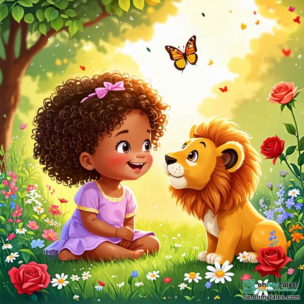 Une illustration sous forme de dessin destinée aux enfants représentant un jardin ensoleillé rempli de fleurs colorées, avec une petite fille de 2 ans aux grands yeux curieux et aux cheveux bouclés, assise sur l'herbe, souriant et parlant aux fleurs, tandis qu'une rose rouge majestueuse et un joyeux lionceau de couleur dorée, aux yeux pétillants, l'écoutent attentivement, illustrant ainsi le moment où la petite fille découvre l'importance de chaque être vivant dans le monde.