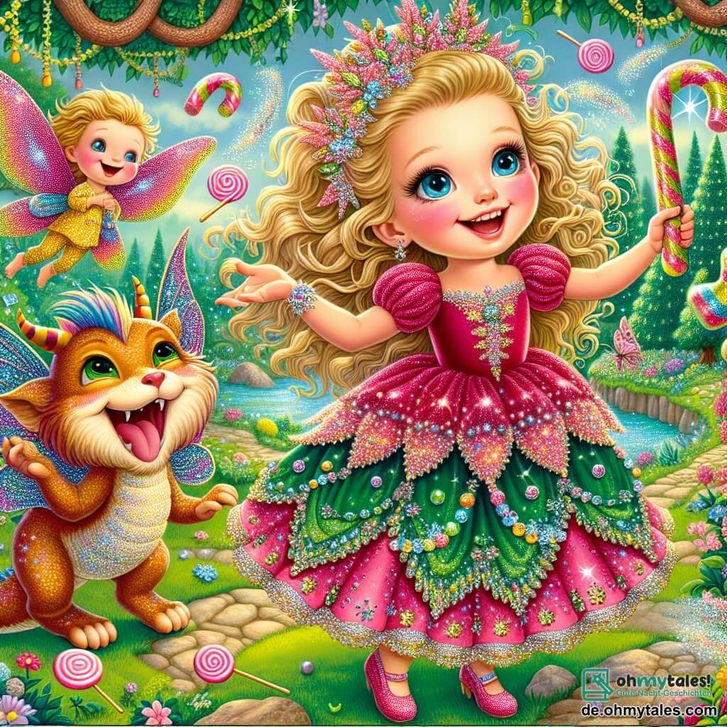 Une illustration destinée aux enfants représentant une princesse espiègle aux cheveux dorés scintillant comme des rayons de soleil, vêtue d'une robe en velours rose parsemée de paillettes étincelantes, qui se trouve dans un royaume enchanté où les arbres dansent au rythme du vent et où les fleurs chantent des mélodies joyeuses, alors qu'elle s'amuse à jongler avec des nuages en sucre d'orge aux côtés de son fidèle ami, un dragon rieur à l'écailles vertes étincelantes, et de sa complice, une petite fée pétillante aux ailes multicolores, dans un jardin magique rempli de ruisseaux scintillants et de papillons aux ailes de velours, où chaque coin est un tableau vivant de couleurs et de rires.