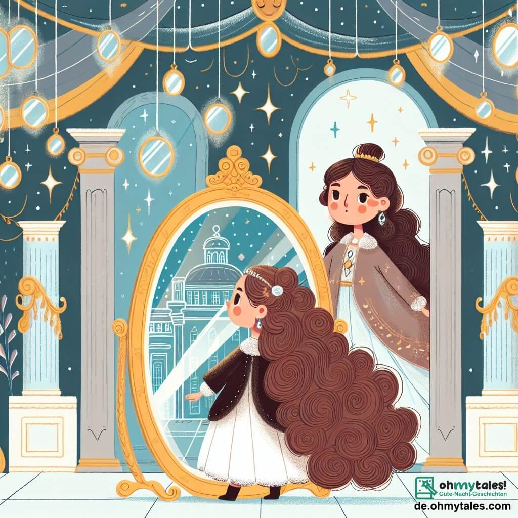 Une illustration destinée aux enfants représentant une fillette aux longs cheveux bouclés, se tenant devant un miroir dans une ville brillante et luxueuse, accompagnée d'une dame élégante, dans un décor de marbre étincelant et de miroirs suspendus, évoquant le thème des contes philosophiques.