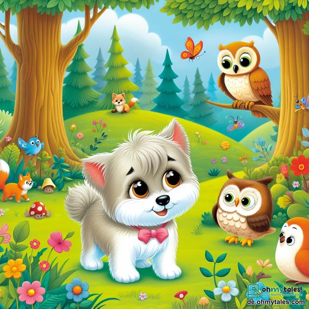 Une illustration destinée aux enfants représentant un petit chien malicieux et joyeux rencontrant une charmante chouette sage et attentive, dans une clairière enchantée entourée d'arbres majestueux, de fleurs colorées et d'animaux curieux.