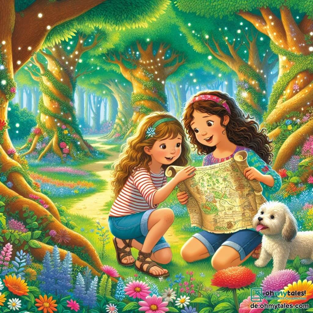 Illustration einer magischen Szene in einem verwunschenen Wald, wo große majestätische Bäume mit dicken Stämmen in den Himmel ragen und ihre leuchtend grünen Blätter das Sonnenlicht filtern. Bunte Blumen in lebhaften Rosa-, Gelb- und Blautönen bedecken den Boden und schaffen einen Teppich aus strahlenden Farben. Im Mittelpunkt des Bildes hockt ein 9-jähriges Mädchen mit langen braunen Haaren und neugierigen Augen, das aufmerksam eine alte Karte in den Händen hält. Sie trägt ein gestreiftes Oberteil und eine Jeansshorts, und ihr Gesicht drückt fröhliche Entschlossenheit aus. Neben ihr beugt sich ein weiteres 9-jähriges Mädchen mit lockigem Haar und strahlendem Lächeln, um die Karte zu betrachten. Sie trägt ein leichtes Blumenkleid und Sandalen, was der Szene Frische verleiht. Ein kleiner Hund mit lockigem Fell und großen Ohren steht neben ihnen, mit herausgestreckter Zunge, bereit, sie auf ihrem Abenteuer zu begleiten. Die Hauptsituation zeigt die beiden Freundinnen, die einen geheimnisvollen Weg im Wald entdecken, während Lichtstrahlen durch die Bäume filtern, die Karte erleuchten und eine Atmosphäre von Erkundung und Magie schaffen. Bunte Vögel fliegen über ihnen und verleihen dieser verwunschenen Szene Leben.