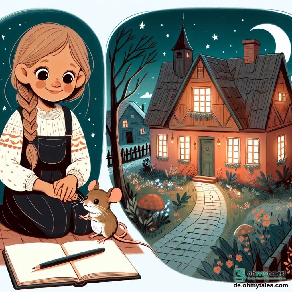Une illustration destinée aux enfants représentant une petite fille vivant dans une maison au bout d'une rue, confrontée à sa peur du noir, mais aidée par une adorable petite souris qui devient son amie, dans un village paisible appelé Himmelsblick.