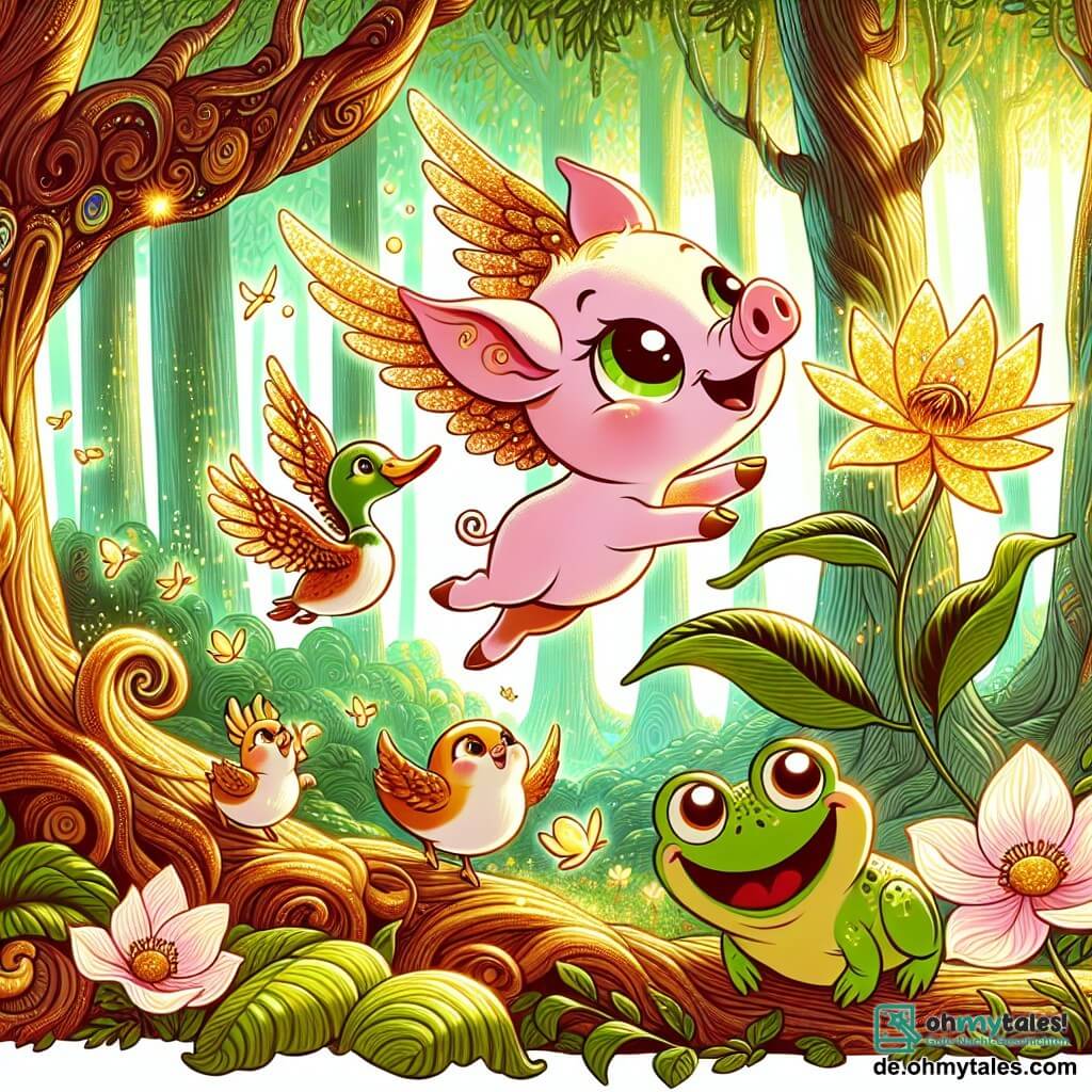 Une illustration sous forme de dessin destinée aux enfants représentant un magnifique et coloré paysage de forêt enchantée, avec de grandes arbres aux feuilles scintillantes, où un petit cochon rose aux yeux pétillants et à la queue en tire-bouchon flotte joyeusement dans les airs, entouré de ses amis : une canne gracieuse aux plumes dorées qui bat des ailes, un grenouille verte avec un sourire malicieux sautant d'une feuille à l'autre, et une petite souris aux grandes oreilles, accrochée à la queue du cochon, tous émerveillés par la magie de la scène, alors qu'ils découvrent une magnifique fleur dorée qui brille au soleil, symbole d'aventure et de découverte.