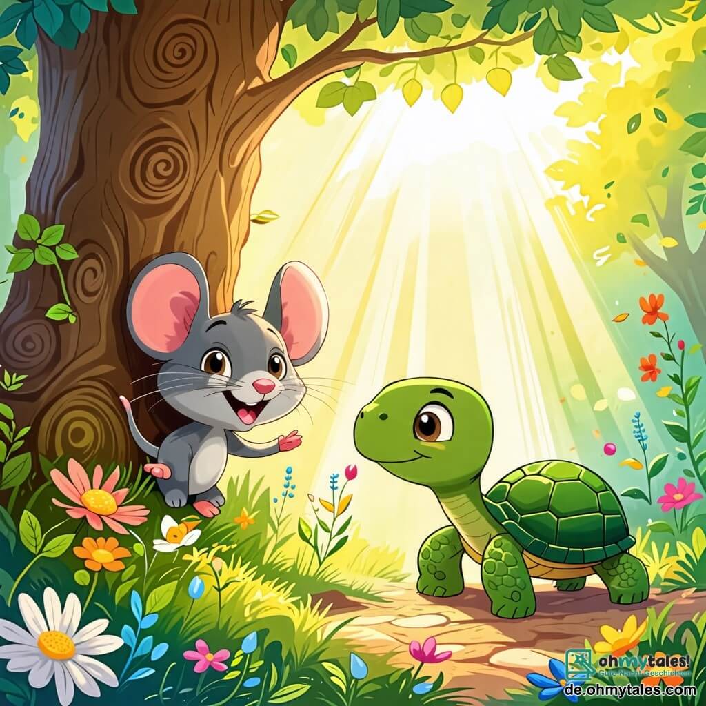Une illustration sous forme de dessin destinée aux enfants représentant une scène joyeuse dans une forêt colorée, où une petite souris grise aux grands yeux pétillants se cache derrière un grand arbre, riant malicieusement, tandis qu'une joyeuse tortue à la carapace verte et aux yeux doux court lentement autour du tronc, cherchant son ami, avec des fleurs éclatantes et des rayons de soleil filtrant à travers les feuilles, créant une atmosphère ludique et amicale.