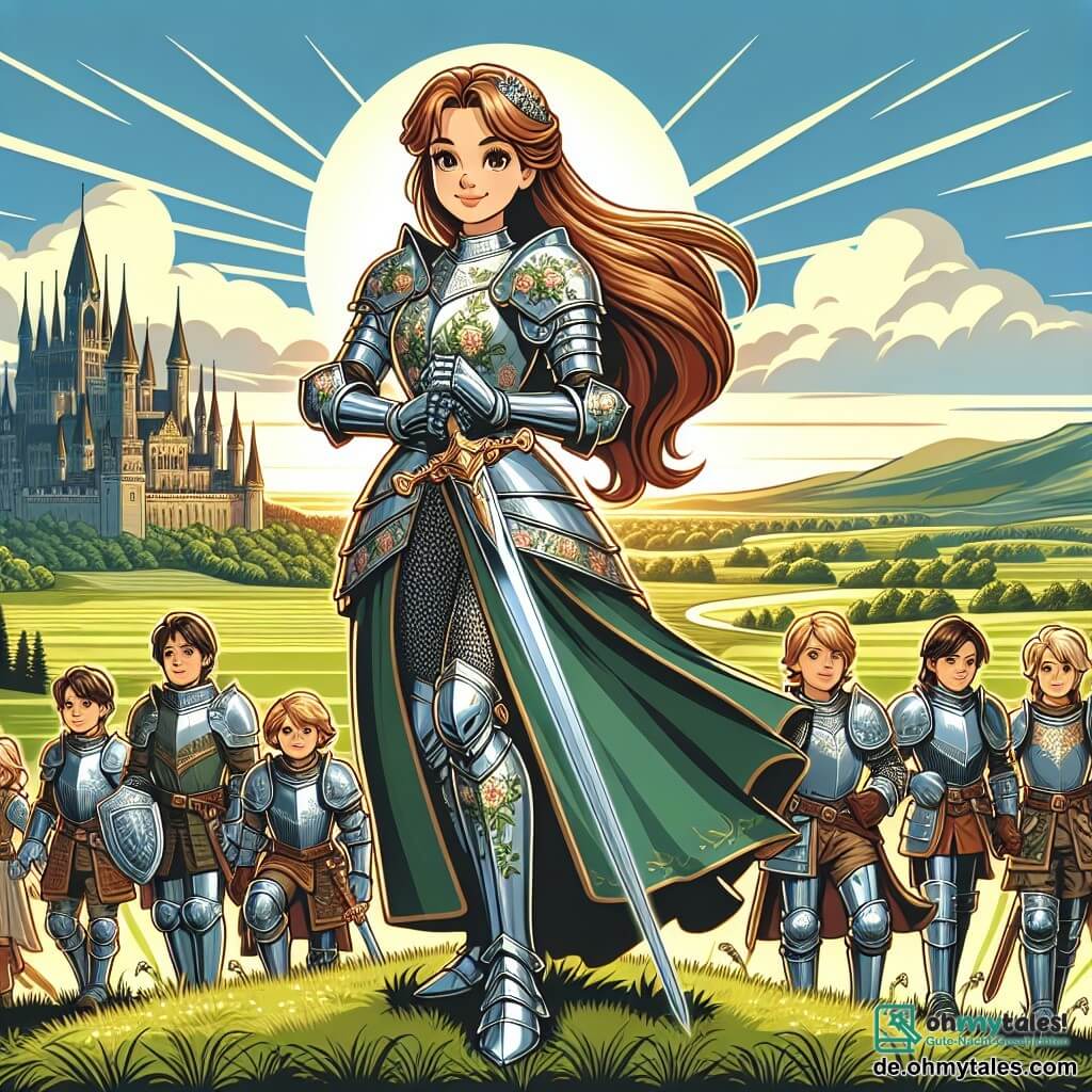 Une illustration sous forme de dessin destinée aux enfants représentant une vaste plaine verdoyante sous un ciel ensoleillé, où une courageuse chevaleresse aux longs cheveux châtains, portant une brillante armure ornée de motifs floraux, brandit fièrement son épée tout en se tenant devant un château majestueux en arrière-plan, tandis qu'un groupe de jeunes chevaliers garçons, aux visages déterminés et aux armures variées, se prépare à la suivre dans une quête héroïque pour défendre leur royaume contre un danger imminent.