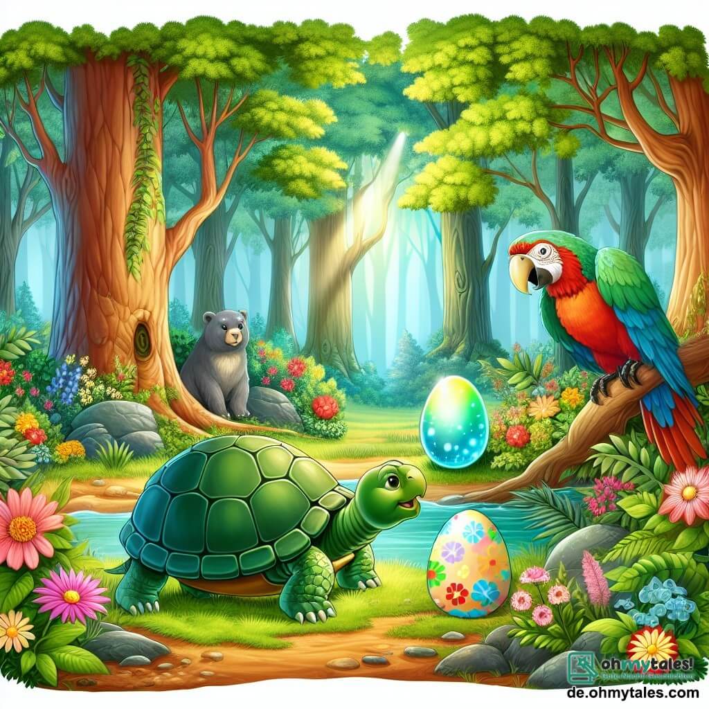 Une illustration destinée aux enfants représentant une tortue curieuse découvrant un œuf brillant, accompagnée d'un papagei bavard, dans une clairière enchantée du bois aux arbres majestueux et aux fleurs chatoyantes.