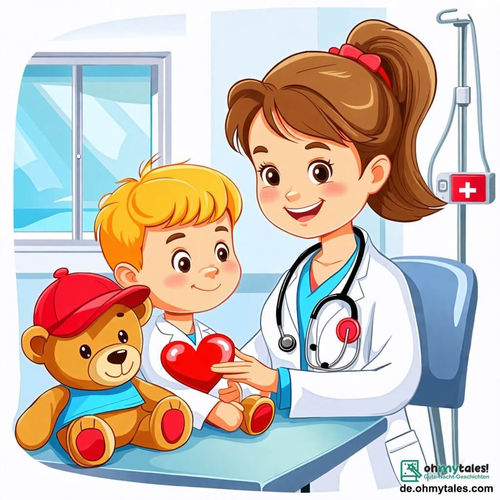 Une illustration sous forme de dessin destinée aux enfants représentant une salle d'examen lumineuse et colorée dans un hôpital, avec une médecin femme aux cheveux châtains attachés en chignon, portant une blouse blanche et un stéthoscope autour du cou, qui sourit en écoutant le cœur d'un petit garçon aux cheveux blonds et à la casquette rouge, assis sur une table d'examen, tandis qu'un ours en peluche souriant est posé à côté de lui, créant une atmosphère chaleureuse et rassurante où l'on ressent l'importance des soins médicaux et de l'amitié.