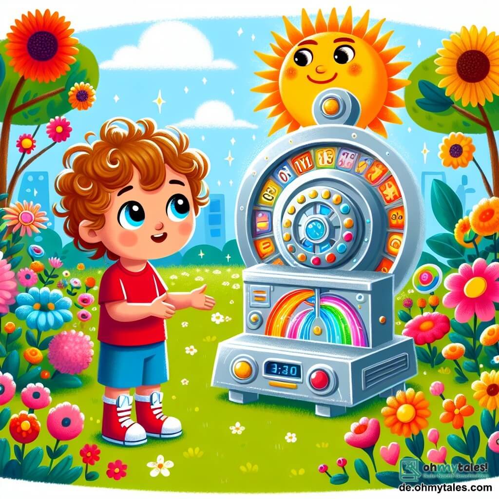 Une illustration sous forme de dessin destinée aux enfants représentant un jardin ensoleillé avec des fleurs colorées et une petite machine à voyager dans le temps brillante au centre, où un garçon de 3 ans aux cheveux bouclés et aux yeux pétillants, vêtu d'un t-shirt rouge et d'un short bleu, regarde émerveillé la machine, tandis qu'un robot amical aux formes arrondies et aux couleurs vives, avec un visage souriant, se tient à côté de lui, expliquant comment voyager à travers le temps, capturant ainsi l'instant magique où l'aventure commence.