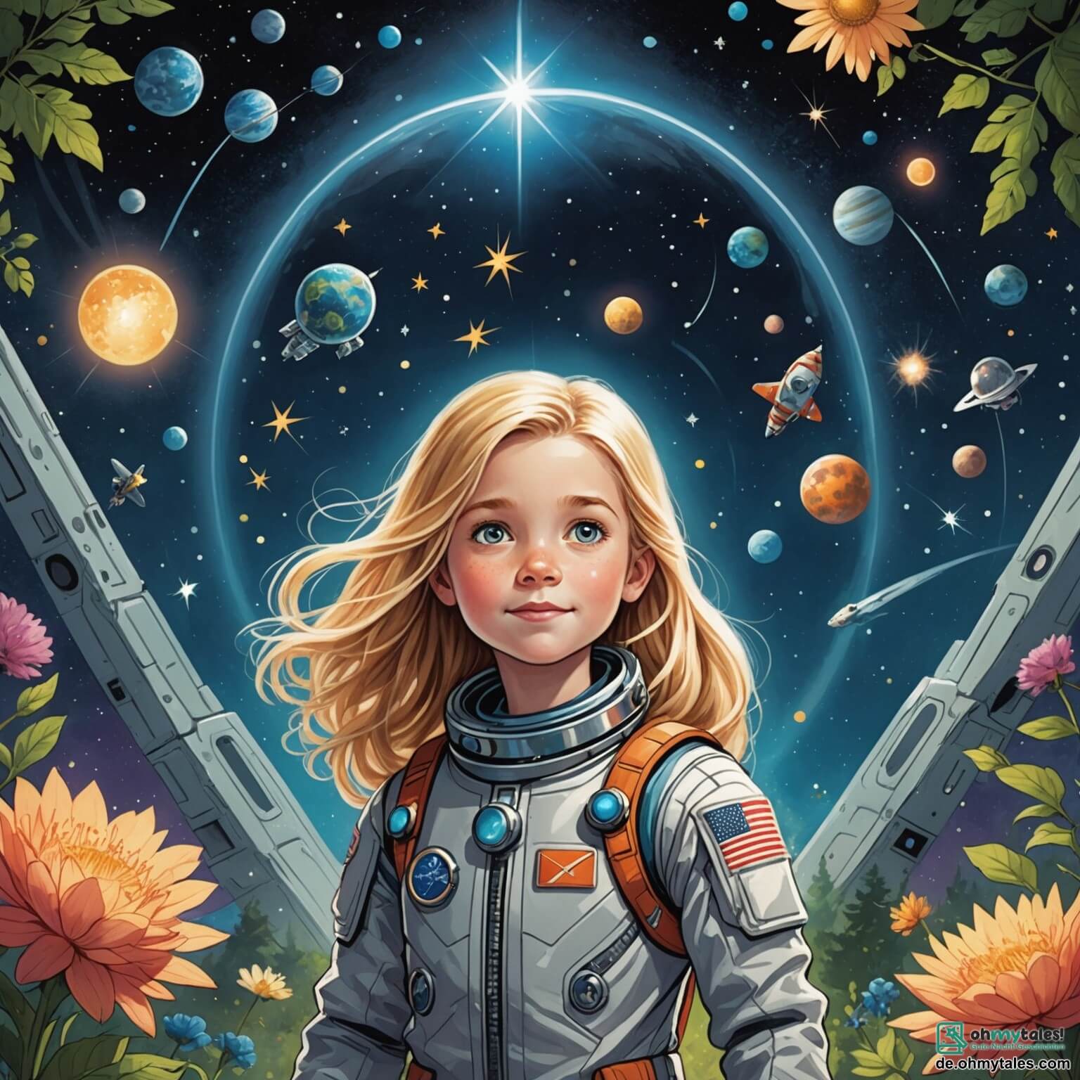 Une illustration destinée aux enfants représentant une courageuse astronaute aux longs cheveux blonds, scintillant comme des étoiles dans l'obscurité du cosmos, se tenant fièrement à l'intérieur de son vaisseau spatial argenté, entourée de ses fidèles compagnons, un pilote jovial aux yeux pétillants et une scientifique astucieuse, tous deux des garçons, alors qu'ils explorent un mystérieux et magnifique planète aux paysages enchanteurs, où des arbres aux fleurs luminescentes dansent sous un ciel violet parsemé de nuages roses, et où des rivières d'eau cristalline serpentent à travers des collines verdoyantes, tout en cherchant désespérément une source d'eau pour sauver leur monde en péril.