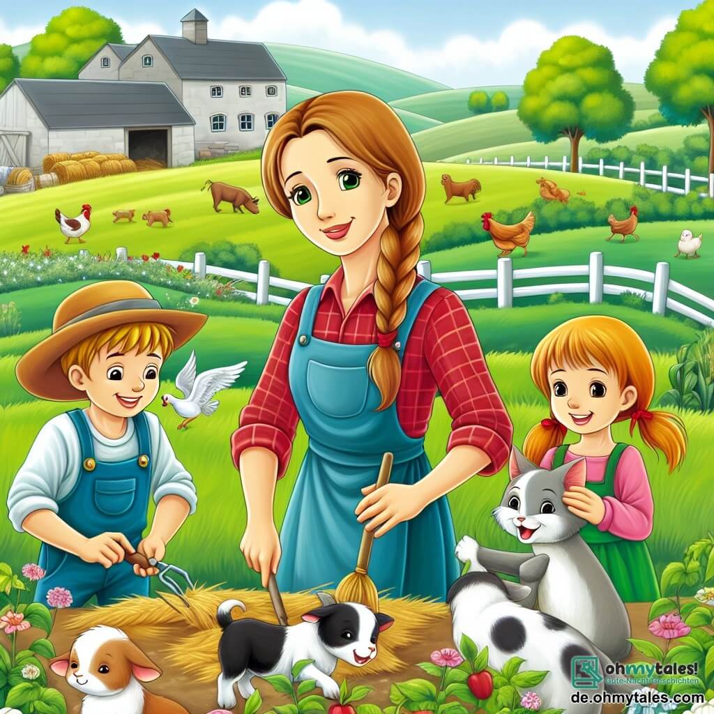 Une illustration destinée aux enfants représentant une jeune femme agricultrice, accompagnée d'un garçon et d'une fille, travaillant ensemble dans une ferme pittoresque entourée de champs verdoyants et d'animaux joyeux.