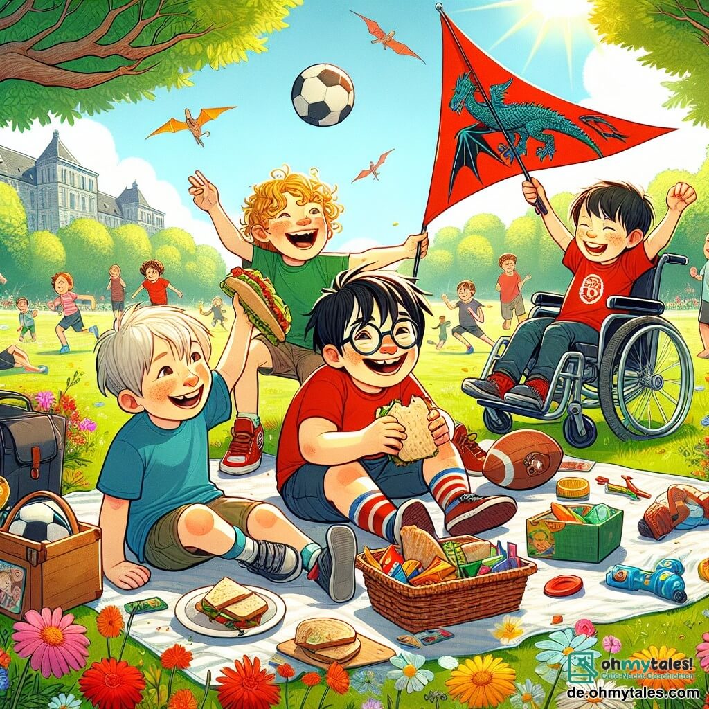 Illustration eines sonnigen Parks, gefüllt mit bunten Blumen und grünen Bäumen. In der Mitte steht eine Gruppe von vier Jungen, etwa 10 Jahre alt, alle lächelnd und voller Energie, um eine große Picknickdecke. Ein Junge mit braunen Haaren und Brille hält ein Sandwich, während ein anderer mit lockigem, blondem Haar eine selbstgemachte Drachenflagge schwenkt. Ein dritter Junge mit rotem T-Shirt und schwarzen Haaren lacht, während der letzte, im Rollstuhl sitzend, fröhlich mit einem Fußball lächelt. Sie teilen einen Moment der Kameradschaft, umgeben von Snacks, mit verstreuten Spielzeugen und Spielen. Im Hintergrund spielen andere Kinder Frisbee und fliegen Drachen, was eine Atmosphäre von Freude und Freiheit schafft, fernab von Bildschirmen.