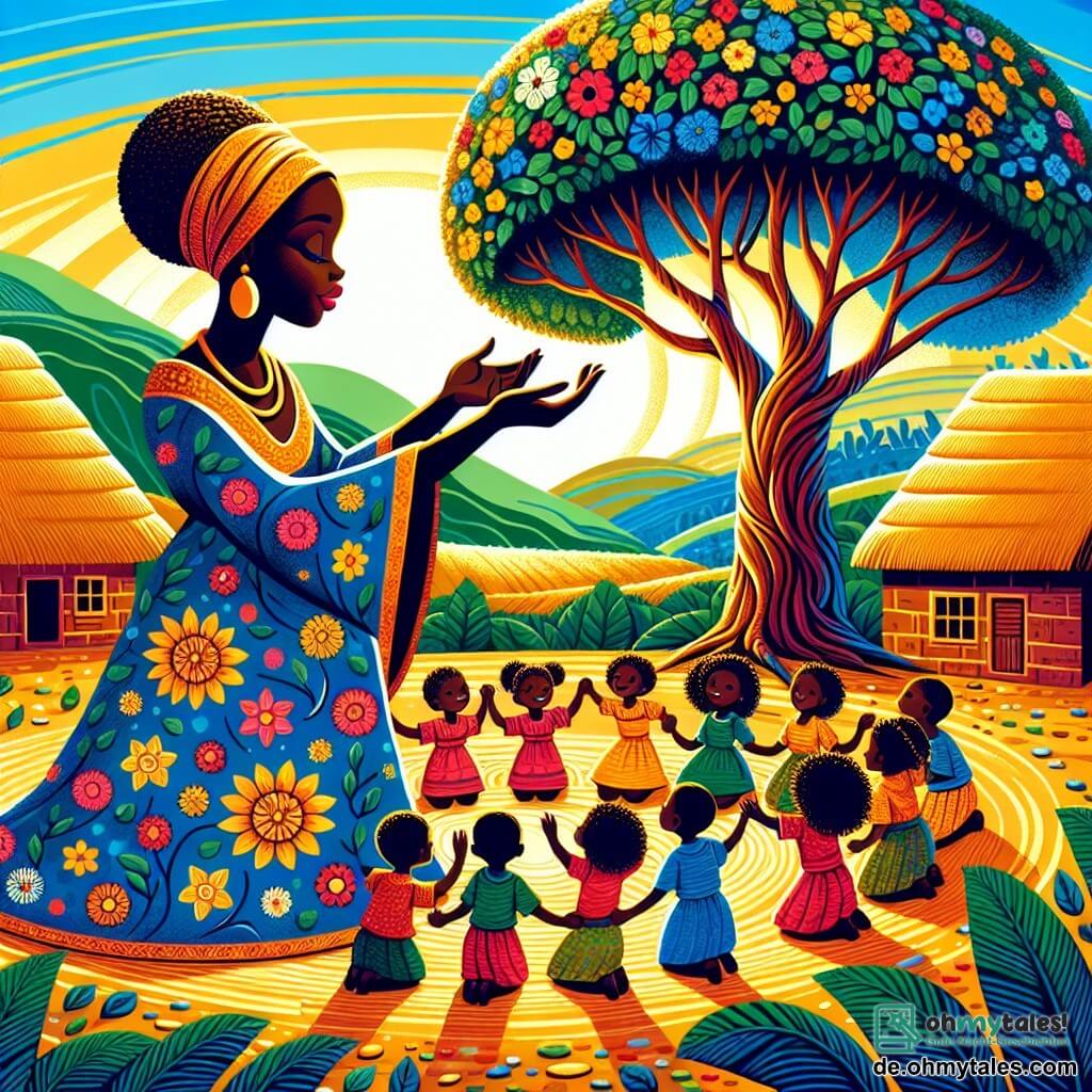 Une illustration sous forme de dessin destinée aux enfants représentant un village africain vibrant de couleurs sous un ciel bleu éclatant, avec une jeune femme aux cheveux crépus et à la peau dorée, vêtue d'un joli pagne aux motifs floraux, touchant un majestueux arbre aux feuilles luxuriantes tout en écoutant attentivement un groupe d'enfants aux visages joyeux, aux vêtements traditionnels, qui l'entourent et l'encouragent à partager des histoires, symbolisant la magie de la tradition et l'importance de la transmission des contes.