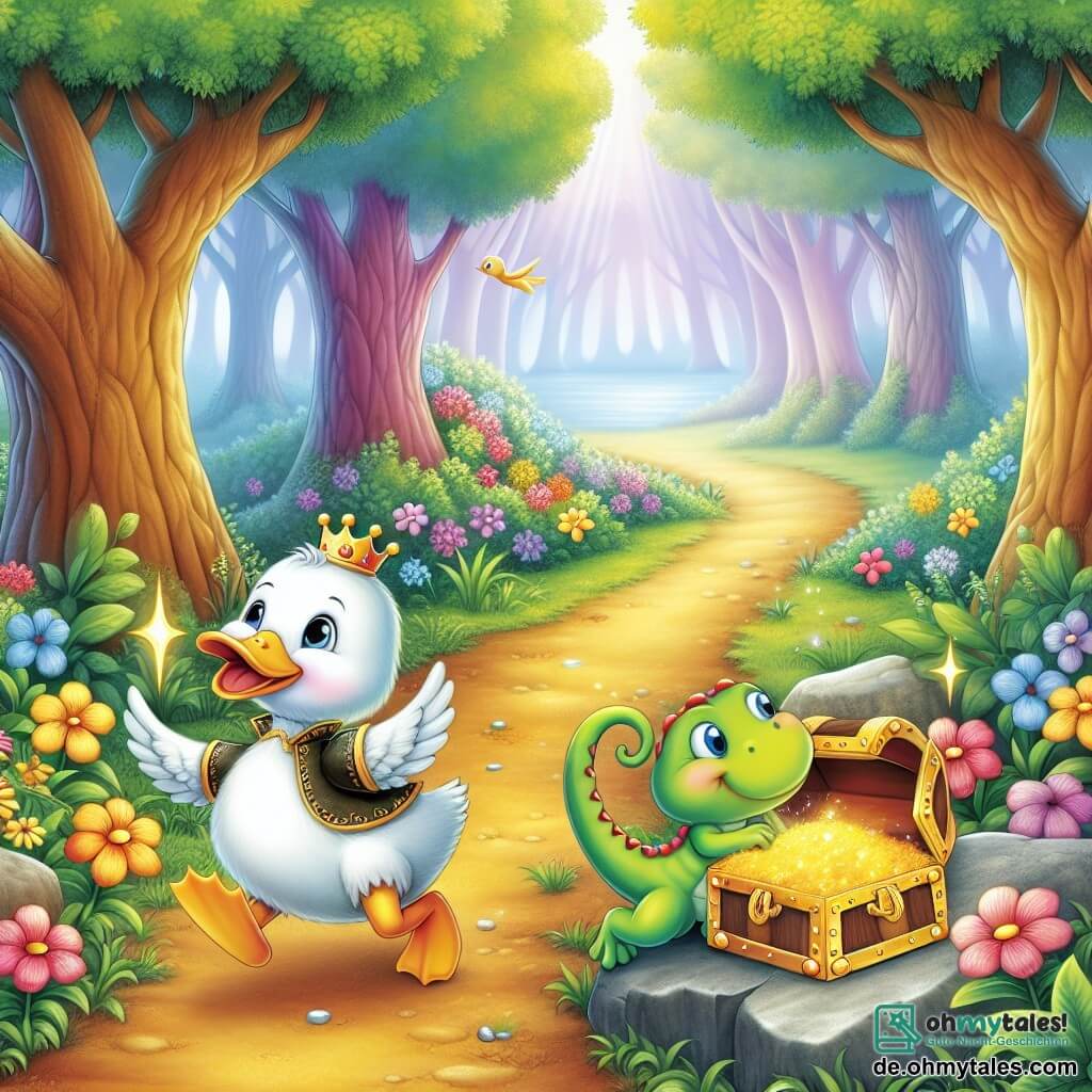 Une illustration destinée aux enfants représentant un petit canard courageux découvrant un trésor caché avec l'aide d'une joyeuse éidechse sur un sentier bordé de fleurs colorées et de grands arbres feuillus dans une forêt enchantée.