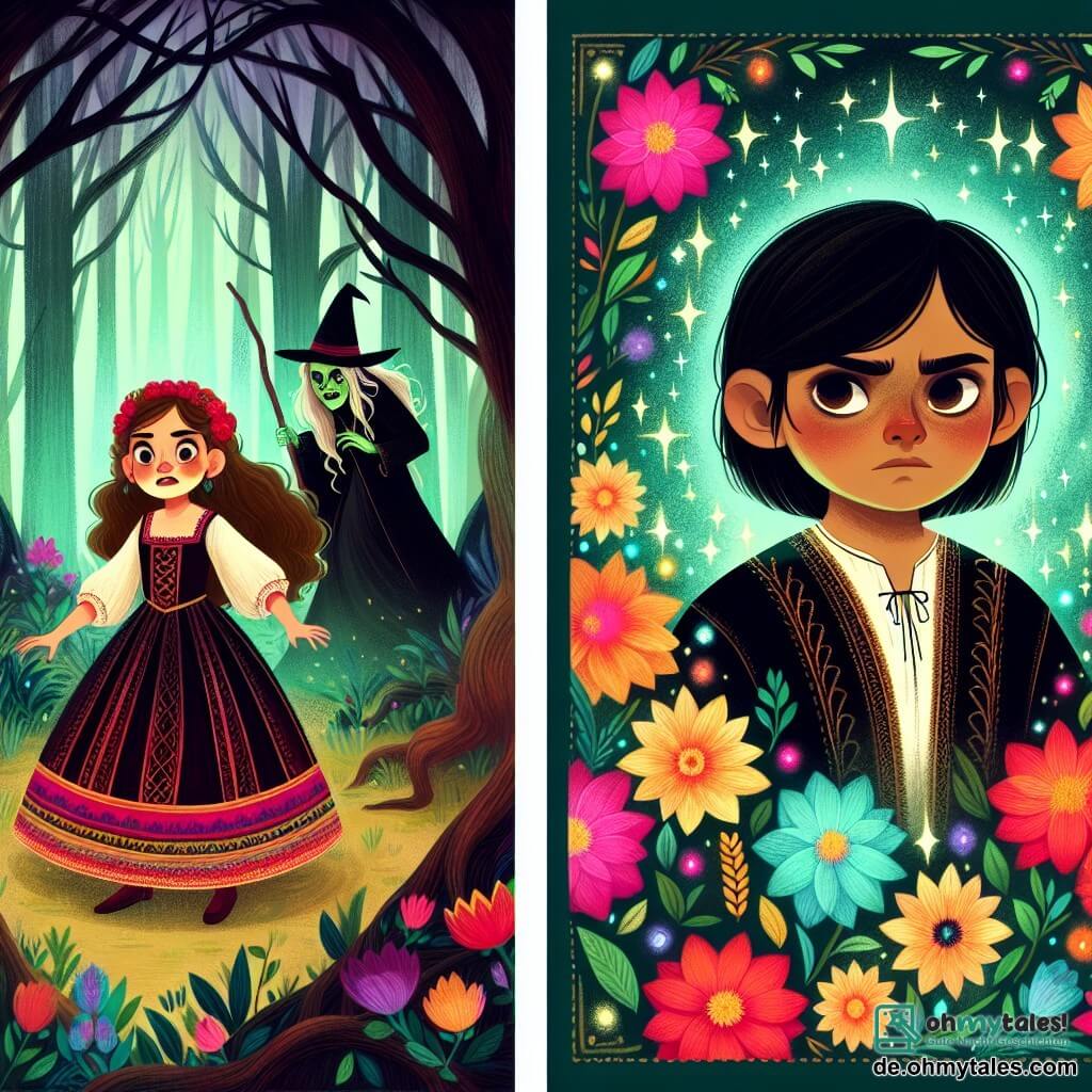 Une illustration destinée aux enfants représentant une jeune fille courageuse, une forêt sombre et mystérieuse habitée par une sorcière maléfique, et un garçon intrépide aux cheveux noirs et aux vêtements anciens, dans une clairière enchantée ornée de fleurs lumineuses aux couleurs chatoyantes.