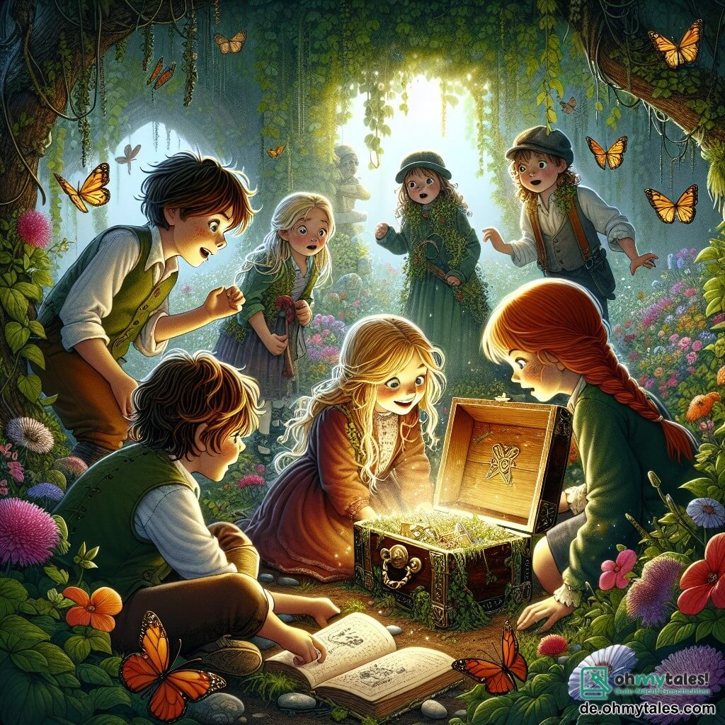 Illustration eines alten, geheimnisvollen Gartens, überwuchert mit kletternden Pflanzen und bunten Wildblumen, mit sanftem Licht, das durch die Äste der Bäume filtert. Im Zentrum der Szene steht eine Gruppe von vier Kindern um eine alte Holzkiste, die mit Moos bedeckt ist. Ein neunjähriger Junge mit kastanienbraunen Haaren und funkelnden Augen hält ein glänzendes Medaillon in seiner Hand und zeigt ein aufgeregtes Lächeln. Neben ihm schaut ein neunjähriges Mädchen mit geflochtenen blonden Haaren und runden Brillen staunend in den Inhalt der Kiste. Ein anderer Junge, zehn Jahre alt, mit lockigem Haar und einer Beinprothese, hockt, um ein altes Buch zu betrachten, mit konzentriertem Gesichtsausdruck. Schließlich zeigt ein achtjähriges Mädchen mit braunen Haaren und Sommersprossen auf ein mysteriöses Symbol auf einer der Seiten des Buches. Die Szene fängt den Moment ein, in dem die Kinder einen verborgenen Schatz entdecken, umgeben von einer Atmosphäre von Abenteuer und Geheimnis, mit bunten Schmetterlingen, die um sie fliegen, und Sonnenstrahlen, die ihre Entdeckung beleuchten.