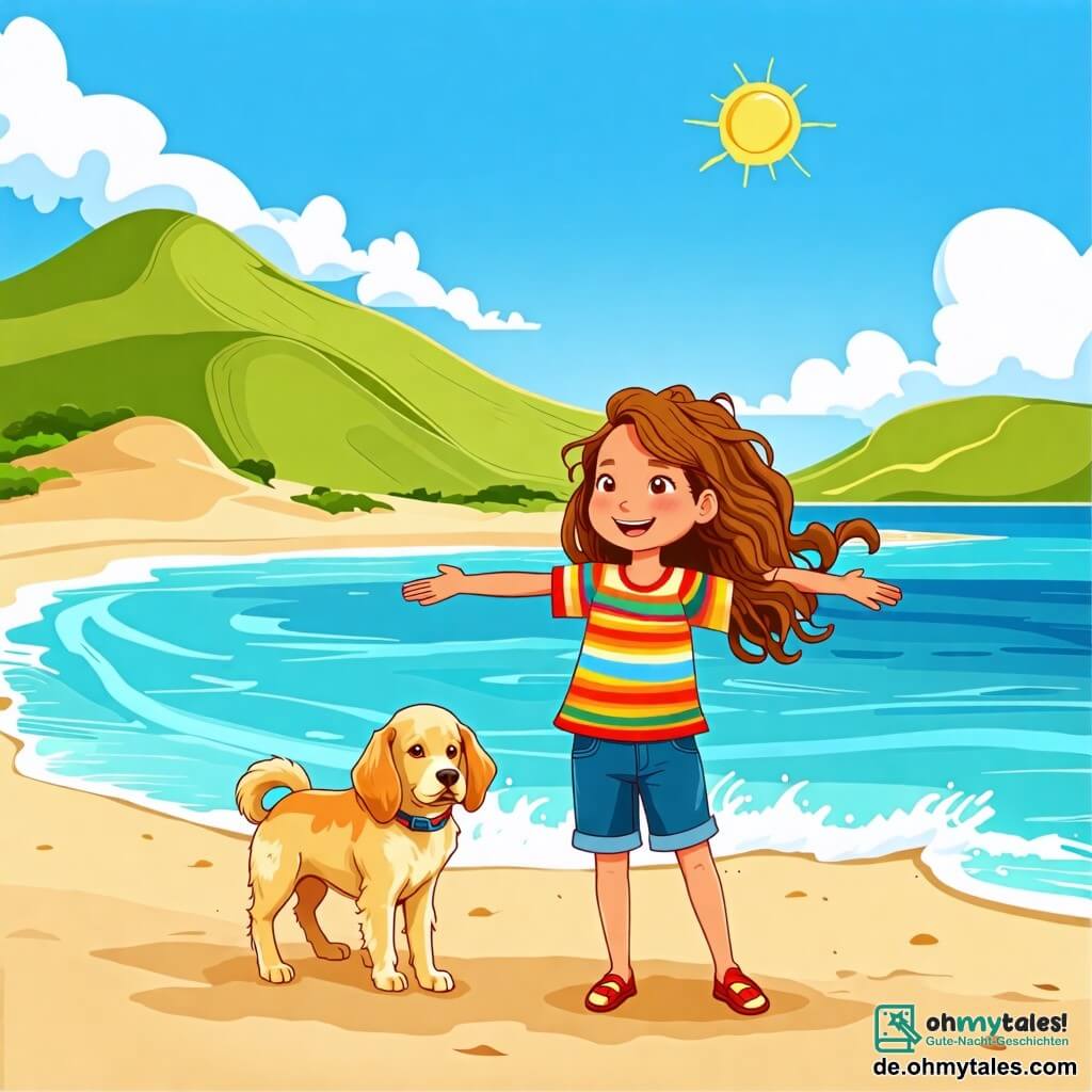 Illustration einer sonnigen Strandlandschaft mit goldenen Sanddünen und türkisfarbenen Wellen, die sanft an das Ufer schlagen. Im Hintergrund erheben sich grüne Hügel unter einem strahlend blauen Himmel, durchzogen von einigen flauschigen weißen Wolken. Im Vordergrund steht ein 11-jähriges Mädchen mit langen, lockigen Haaren, das ein buntes T-Shirt und eine Jeansshorts trägt. Mit ausgebreiteten Armen und einem breiten Lächeln im Gesicht blickt sie neugierig in den Horizont, während ihr treuer Hund, ein Golden Retriever, begeistert mit dem Schwanz wedelt. Neben ihr steht ein weiteres Mädchen, ebenfalls etwa 11 Jahre alt, mit glatten braunen Haaren, das eine Mütze und ein gemustertes T-Shirt trägt. Sie hält ein Pappschild mit der Aufschrift "Schützen wir unseren Strand!" und wirkt entschlossen, andere für den Umweltschutz zu sensibilisieren. Die Szene zeigt die beiden Mädchen, die eine Strandreinigungsaktion vorbereiten, umgeben von Müllsäcken und Recyclingmaterial. Muscheln und Plastikmüll sind über den Sand verteilt und verdeutlichen die Herausforderung, der sie sich stellen wollen. Im Hintergrund beginnen Kinder und Erwachsene, sich ihnen anzuschließen, was ein Gefühl von Gemeinschaft und kollektiver Verantwortung für den Naturschutz schafft.