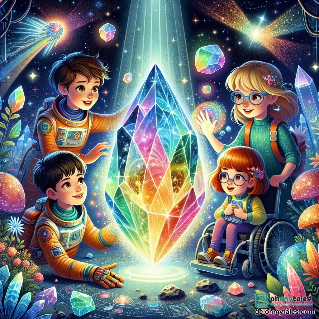 Eine Illustration zeigt einen magischen Asteroiden, bedeckt mit funkelnden Kristallen und leuchtenden Pflanzen, in sanftem, buntem Licht. Im Zentrum pulsiert ein riesiger Kristall in Regenbogenfarben mit warmer Energie und erleuchtet die Umgebung. Vier Kinder stehen vor dem Kristall: Ein neunjähriger Junge mit braunen Haaren und funkelnden Augen in einem bunten Raumanzug beobachtet den Kristall staunend. Neben ihm zeichnet ein neunjähriges Mädchen mit blonden Haaren und Brille leuchtende Muster in die Luft, die Lichtblitze erzeugen. Ein weiterer neunjähriger Junge mit roten Haaren und entschlossenem Gesichtsausdruck steht bereit, die Arme verschränkt. Schließlich lächelt ein neunjähriges Mädchen im futuristischen Rollstuhl selbstbewusst und hält ein kleines technisches Gerät in den Händen. Die Szene fängt den Moment ein, in dem die Kinder sich darauf vorbereiten, einer bedrohlichen Schattenfigur zu begegnen, die im Hintergrund von Dunkelheit umgeben ist. Lichtblitze strömen aus dem Kristall und erleuchten die Gesichter der Kinder, symbolisieren ihren Mut und ihre Freundschaft angesichts der Widrigkeiten. Funkelnde Sterne und ferne Galaxien vervollständigen die Kulisse und verleihen diesem magischen Abenteuer einen Hauch von Science-Fiction.