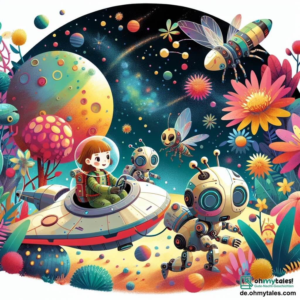 Une illustration destinée aux enfants représentant une jeune femme courageuse dans un vaisseau spatial, accompagnée de créatures insectoïdes robotiques, explorant un mystérieux et coloré planète avec des plantes exotiques et des fleurs éblouissantes.