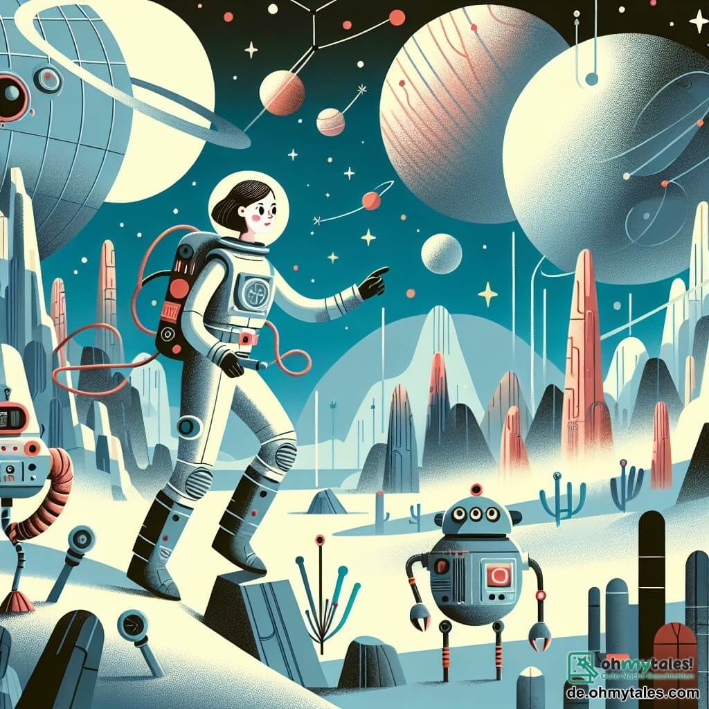 Une illustration destinée aux enfants représentant une femme astronaute courageuse se lançant dans une aventure spatiale périlleuse, accompagnée de sympathiques robots, sur un mystérieux planète aux paysages futuristes et aux étranges métalliques parsemés.