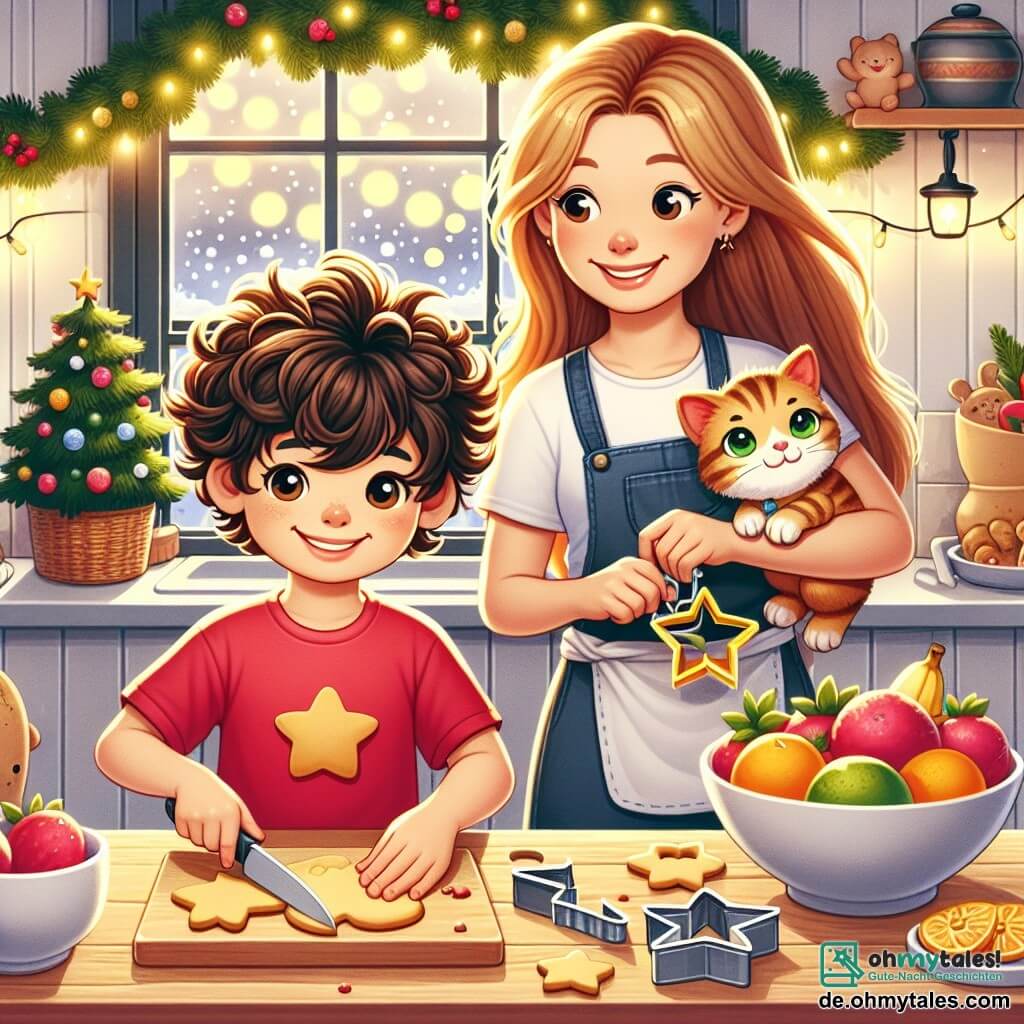 Une illustration sous forme de dessin destinée aux enfants représentant une chaleureuse cuisine décorée pour le Nouvel An, avec un garçon de 5 ans aux cheveux bruns et bouclés, portant un t-shirt rouge et des jeans bleus, en train de découper des formes de biscuits avec des emporte-pièces en forme d'étoile, tandis que sa maman, une femme souriante aux cheveux longs et blonds, prépare un grand plat de fruits colorés à côté de lui, et leur petite chatte aux yeux verts, assise sur la table, observe curieusement les préparatifs festifs, le tout baigné dans une lumière douce et joyeuse, évoquant l'esprit de la fête et la chaleur familiale.