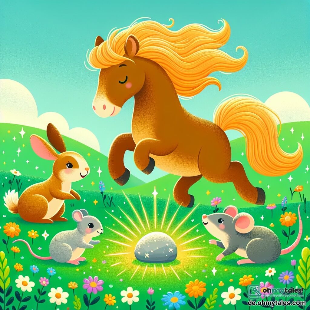 Une illustration sous forme de dessin destinée aux enfants représentant un vaste et coloré champ verdoyant parsemé de fleurs éclatantes, avec un cheval au pelage brun doré et à la crinière flottante, sautillant joyeusement au milieu des animaux du pré, tels qu'un petit lapin aux grandes oreilles et une souris grise, tous réunis autour d'un scintillant et magique caillou, symbolisant l'amitié et le bonheur partagé dans leur monde enchanteur.