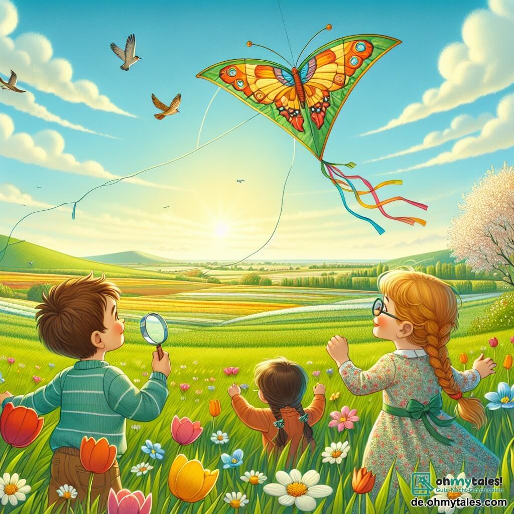 Eine Illustration zeigt ein großes, grünes Feld, das im goldenen Licht der Frühlingssonne erstrahlt. Bunte Blumen wie Tulpen und Gänseblümchen blühen am Boden, während ein hellblauer Himmel mit einigen flauschigen weißen Wolken geschmückt ist. Im Vordergrund sind drei Kinder versammelt: Ein etwa 8-jähriger Junge mit zerzausten braunen Haaren und einem strahlenden Lächeln hält einen Schmetterlings-Drachen in der Hand, bereit, ihn steigen zu lassen. Neben ihm steht ein etwa 7-jähriges Mädchen mit geflochtenen blonden Haaren und einem blumenbedruckten Kleid, das begeistert die Arme in die Luft hebt, während der Wind den Drachen hebt. Schließlich beobachtet ein 9-jähriger Junge mit Brille und braunen Haaren aufmerksam den Himmel und hält eine kleine Lupe in der Hand, fasziniert von den Insekten, die umherfliegen. Die Szene fängt den Moment ein, in dem die Kinder bereit sind, den Drachen steigen zu lassen, ihre Gesichter strahlen vor Freude und Vorfreude. Im Hintergrund verleihen blühende Bäume einen Farbtupfer, und einige Vögel fliegen am Himmel, was die Rückkehr des Frühlings symbolisiert.