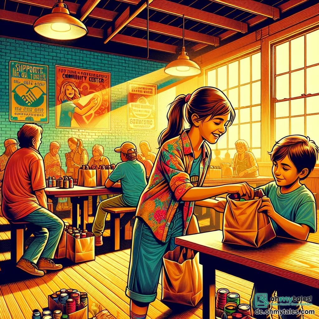 Illustration eines lebhaften und warmherzigen Gemeinschaftszentrums mit bunten Wänden, Unterstützungsplakaten und Tischen, die mit Lebensmittelsäcken beladen sind. Im Vordergrund ein 11-jähriges Mädchen mit langen braunen Haaren, die zu einem Pferdeschwanz gebunden sind, trägt eine bunte Bluse und strahlt vor Freude. Sie füllt konzentriert und begeistert Lebensmittelbeutel. Neben ihr beobachtet ein 10-jähriger Junge mit kurzen, zerzausten Haaren, in einem abgenutzten T-Shirt und Jeans, sie bewundernd und hält einen Lebensmittelsack. Die Szene strahlt Solidarität und Freude aus, während andere Kinder im Hintergrund spielen und Erwachsene sich unterhalten, was ein Gefühl von Gemeinschaft und gegenseitiger Hilfe schafft. Sonnenstrahlen filtern durch die Fenster und erhellen den Raum, was dieser schönen Initiative eine warme Note verleiht.
