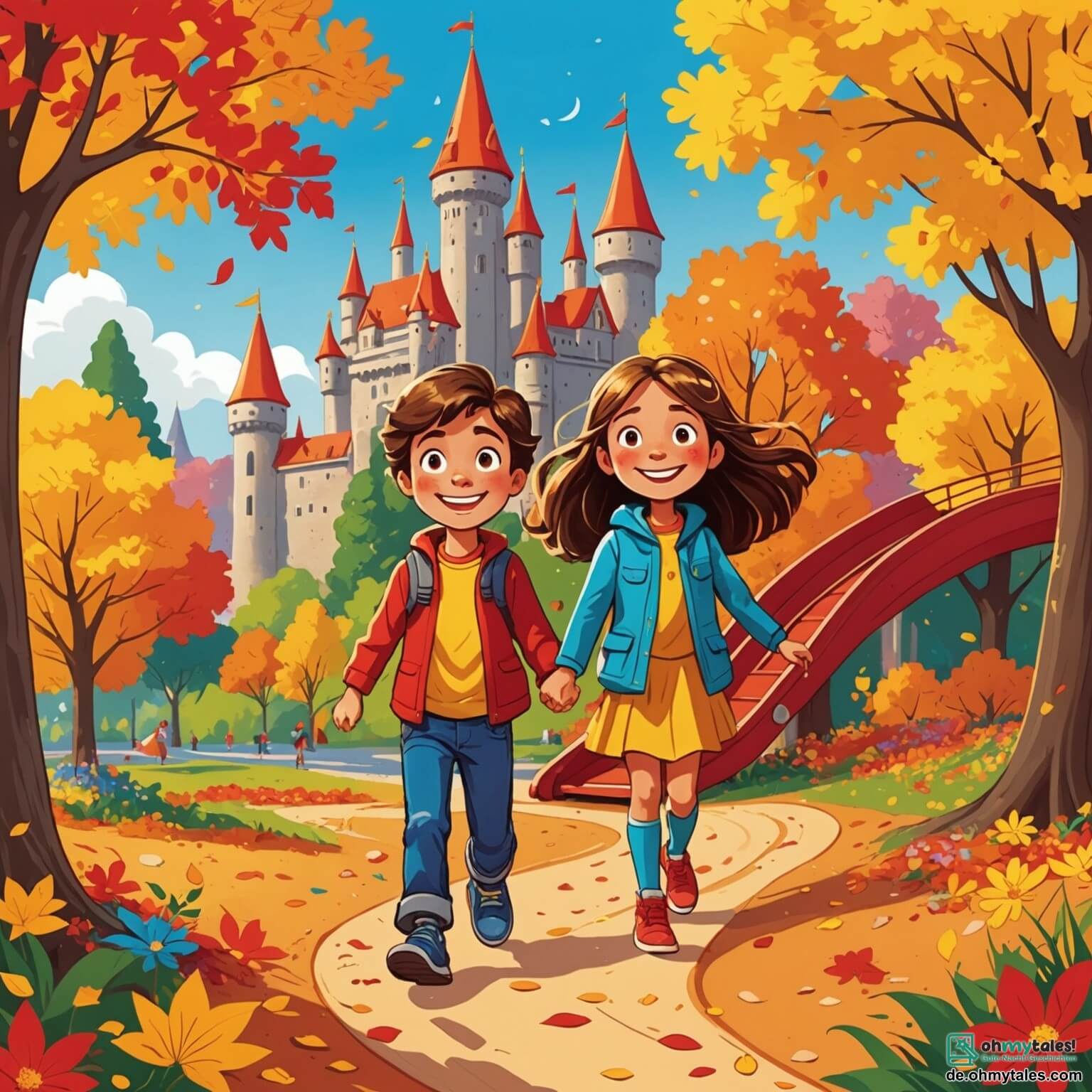 Une illustration destinée aux enfants représentant un garçon aux yeux pétillants et au sourire éclatant, jouant avec une fille aux cheveux longs et brillants, dans un parc coloré où les arbres aux feuilles dorées dansent sous le vent, les fleurs multicolores s'épanouissent autour d'eux, et un grand toboggan rouge se dresse fièrement à côté d'un sable doré, où ils s'amusent à construire ensemble des châteaux, illustrant ainsi l'égalité des sexes et la beauté de l'amitié.