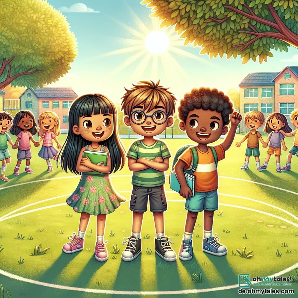 Illustration einer lebhaften Schulhofszene, beleuchtet von goldenem Sonnenlicht. Üppige Bäume umgeben den Spielplatz, und Kinder spielen fröhlich auf dem Rasen. In der Mitte steht eine Gruppe von drei Freunden im Kreis, jeder mit einem entschlossenen und freundlichen Gesichtsausdruck. Der erste Charakter ist ein 12-jähriger Junge europäischer Herkunft mit zerzausten braunen Haaren und einer Brille. Er trägt ein buntes T-Shirt und Shorts, steht aufrecht mit verschränkten Armen und strahlt Selbstvertrauen aus. Neben ihm steht ein 12-jähriges asiatisches Mädchen mit langen schwarzen Haaren und einem Pony. Sie trägt ein Blumenkleid und hat ein Skizzenbuch unter dem Arm. Sie lächelt und scheint bereit, ihre Ideen zu teilen. Der dritte Charakter ist ein 12-jähriger Junge afrikanischer Herkunft mit lockigem Haar und einem breiten Lächeln. Er trägt ein Sport-T-Shirt und Jogginghosen und hebt die Hand, um zu sprechen, was seine Begeisterung zeigt. Die Hauptsituation zeigt die drei Freunde, die leidenschaftlich über die Bedeutung von Respekt und Akzeptanz von Unterschieden diskutieren. Im Hintergrund hören andere Kinder aufmerksam zu, was eine Atmosphäre von Solidarität und Inklusion schafft. Bunte Plakate an den Wänden der Schule thematisieren Vielfalt und Freundschaft und verstärken die positive Botschaft der Szene.