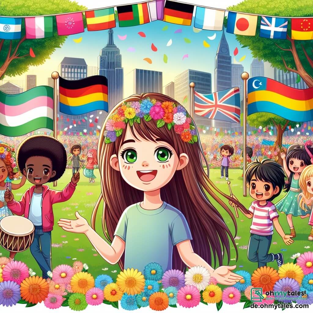 Une illustration sous forme de dessin destinée aux enfants représentant un parc vibrant et coloré, rempli de fleurs en pleine floraison et de drapeaux de différentes cultures flottant au vent, où une fille de 11 ans aux longs cheveux bruns et aux yeux verts, souriante et pleine d'énergie, se tient au centre, entourée de plusieurs adolescents : un garçon aux cheveux noirs et à la peau mate, qui tient un tambour, et une fille aux cheveux blonds et à la peau claire, qui danse joyeusement, tous unis dans une ambiance festive, partageant des idées pour célébrer la diversité lors d'un grand événement communautaire.