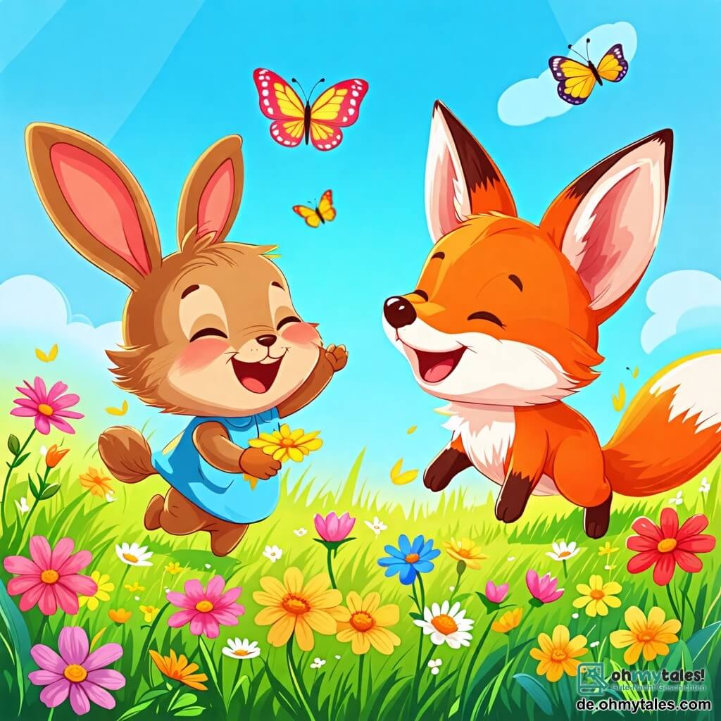 Une illustration sous forme de dessin destinée aux enfants représentant une vaste prairie verdoyante sous un ciel bleu éclatant, où un petit lapin aux grandes oreilles et au pelage doux et brun saute joyeusement, entouré d'un renard rusé à la fourrure orange vif qui rit en se cachant derrière un bouquet de fleurs colorées, alors qu'ils s'apprêtent à organiser une compétition de sauts amusante, avec des fleurs éclatantes et des papillons virevoltant autour d'eux.