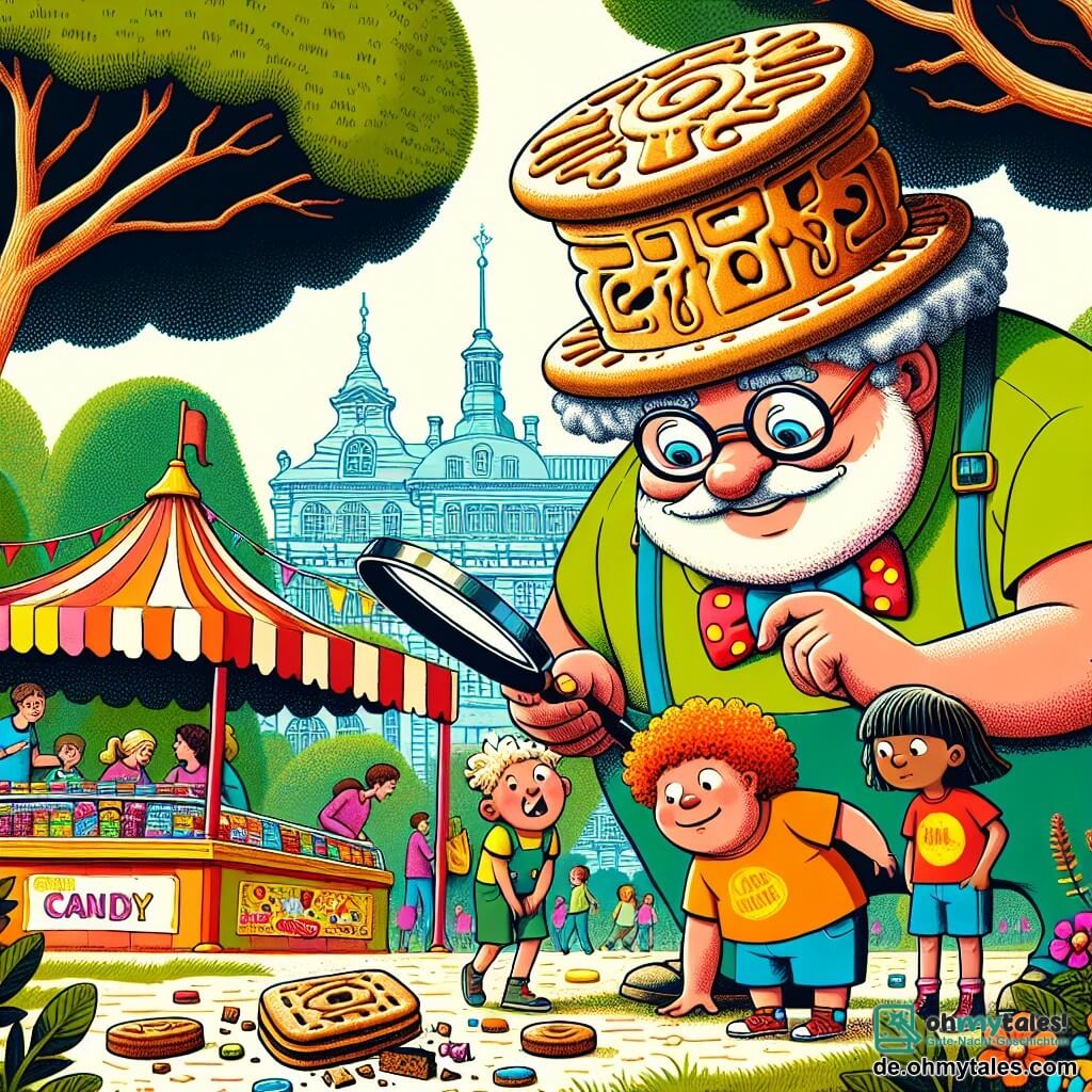 Une illustration sous forme de dessin destinée aux enfants représentant une scène colorée dans un parc animé, où un homme jovial au ventre rond et portant un grand chapeau en forme de biscuit, examine des miettes de gâteaux sur le sol avec une loupe, tandis que trois enfants, une fille aux cheveux bouclés et deux garçons aux t-shirts colorés, l'observent avec curiosité, tous entourés de stands de friandises et d'un grand arbre, illustrant leur quête pour retrouver des biscuits volés.