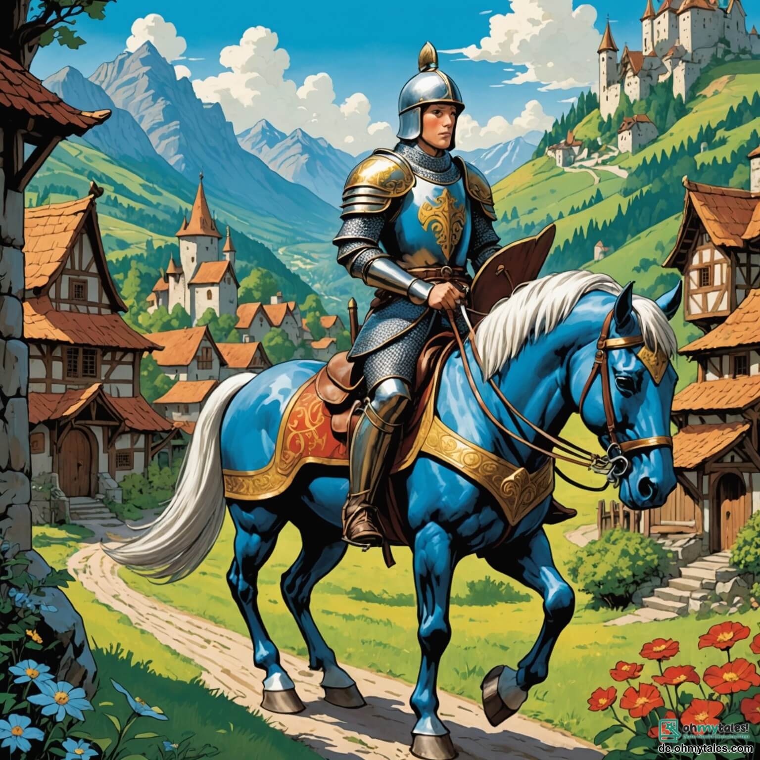 Une illustration destinée aux enfants représentant un courageux chevalier au cœur d'un royaume enchanteur, où les majestueuses montagnes se dressent comme des gardiens de pierre, les forêts denses murmurent des secrets anciens, et un village pittoresque aux maisons de bois aux toits de chaume s'épanouit sous un ciel azur, tandis que ce valeureux garçon, vêtu d'une armure scintillante et chevauchant son fidèle destrier au galop, se prépare à affronter une sorcière maléfique qui a jeté un sort sur les villageois, avec à ses côtés une petite elfe aux ailes délicates et brillantes, qui, avec son esprit vif et son cœur pur, l'accompagne dans cette quête pour sauver leur terre bien-aimée.