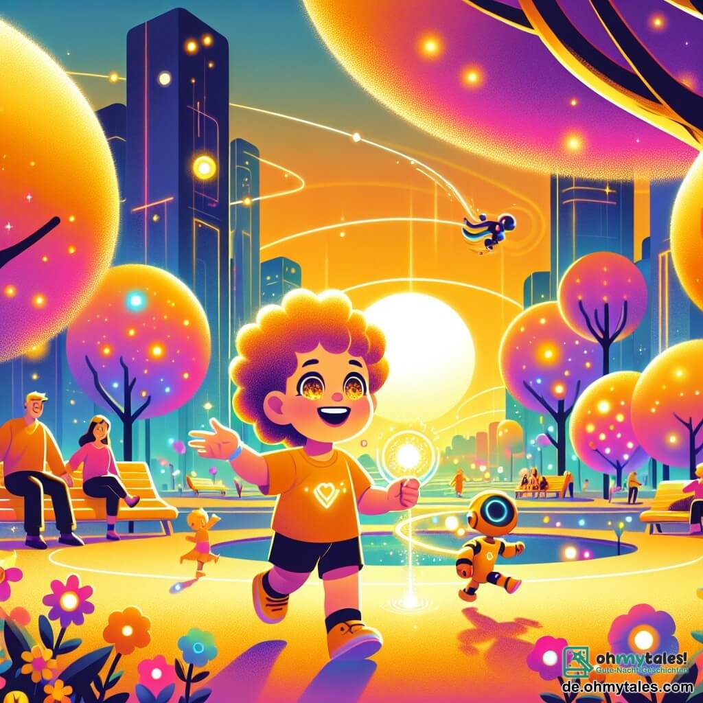 Une illustration sous forme de dessin destinée aux enfants représentant un parc futuriste de la ville Luminara, avec des arbres aux feuilles scintillantes et des fleurs éclatantes, où une petite fille de 3 ans aux grands yeux pétillants et aux cheveux bouclés joue joyeusement avec un robot coloré qui danse à ses côtés, tandis que des adultes souriants se reposent sur des bancs flottants, le tout baigné dans la lumière dorée d'un coucher de soleil, symbolisant l'harmonie et la magie de cette ville futuriste.