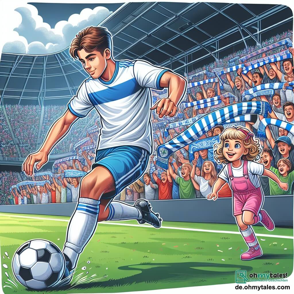 Une illustration sous forme de dessin destinée aux enfants représentant un stade de football vibrant de couleurs, rempli de supporters enthousiastes brandissant des écharpes, avec un jeune homme aux cheveux bruns et courts, portant un maillot bleu et blanc, dribblant habilement le ballon sur le terrain, tandis qu'une petite fille aux cheveux blonds et bouclés, vêtue d'une tenue de foot rose, l'observe avec admiration depuis la touche, le tout capturant l'excitation d'un match décisif où le jeune homme s'apprête à marquer le but de la victoire.