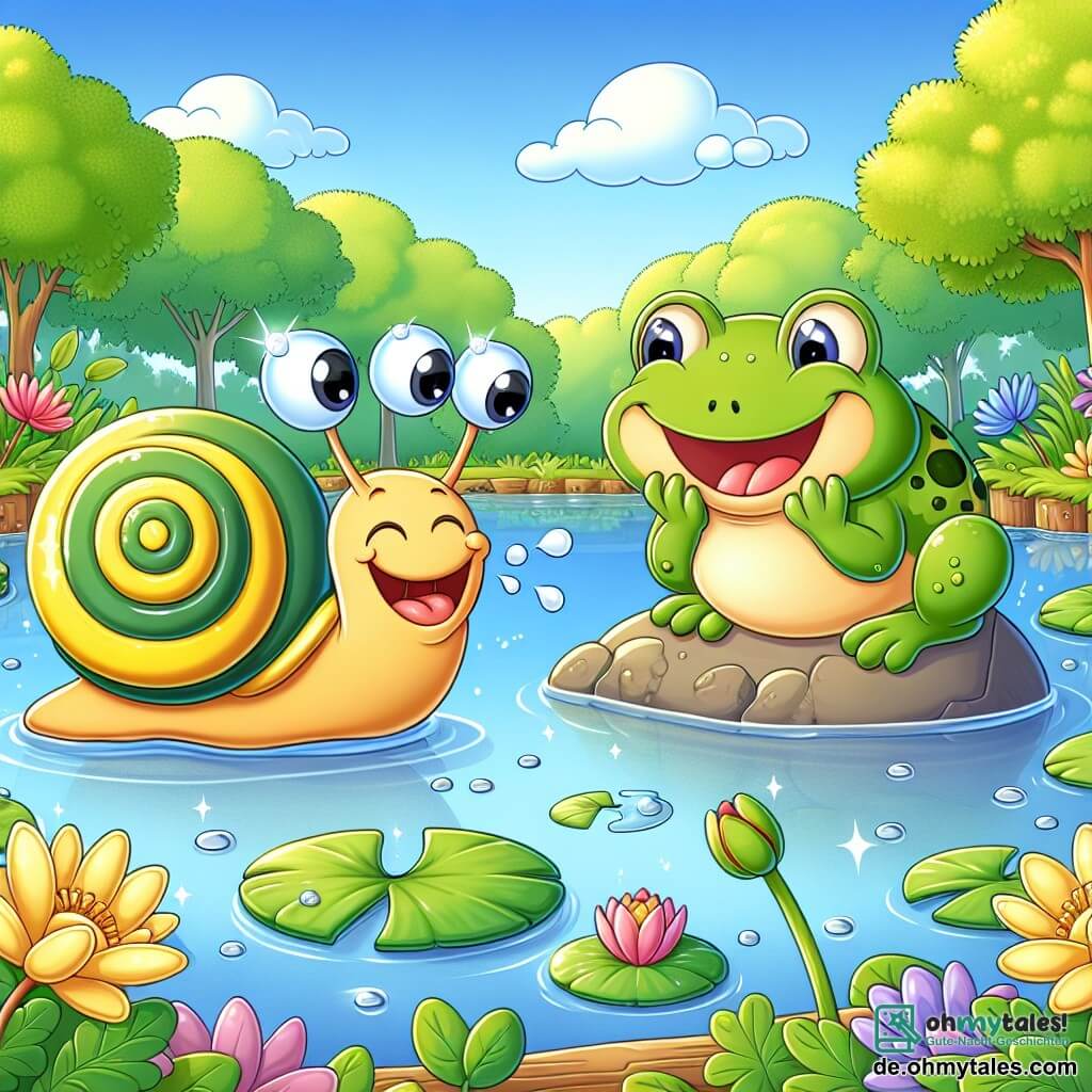 Illustration eines charmanten Teiches, umgeben von üppigem Grün, mit schwebenden Seerosen und bunten Blumen, die das funkelnde Wasser unter einem hellblauen Himmel säumen. Im Vordergrund lacht eine niedliche Schnecke mit einer bunten Spiralschale in Grüntönen und Gelb, ihre Antennen aufgerichtet und ein breites Lächeln auf ihrem Gesicht. Neben ihr sitzt ein fröhlicher Frosch mit glänzend grüner Haut und großen runden Augen auf einem Stein, lauthals lachend, mit untergezogenen Beinen. Die Szene fängt den Moment ein, in dem die Schnecke dem Frosch einen Witz erzählt, umgeben von kleinen neugierigen Tieren, die mit amüsierten Gesichtsausdrücken zuhören. Lachenblasen schweben um sie herum und verleihen dieser spielerischen und freundlichen Atmosphäre eine fröhliche Note.