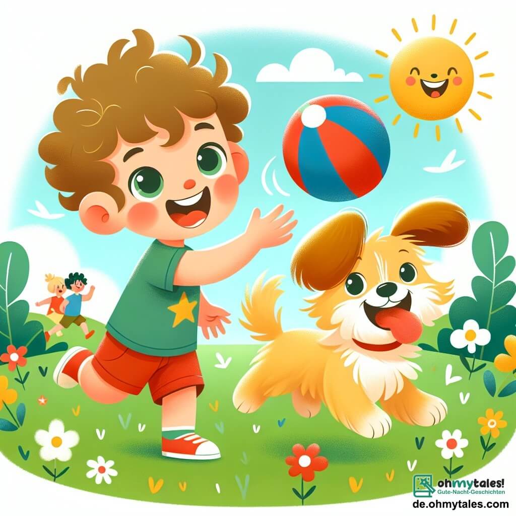 Une illustration sous forme de dessin destinée aux enfants représentant un parc verdoyant et ensoleillé, avec un petit garçon de 1 an aux cheveux bouclés et aux yeux pétillants, riant en lançant un ballon rouge et bleu, tandis qu'à ses côtés, un petit chien aux poils dorés et aux grandes oreilles s'élance joyeusement pour attraper le ballon, entourés de fleurs colorées et d'autres enfants qui jouent et s'amusent dans l'herbe, capturant l'esprit d'aventure et de joie de leur journée.