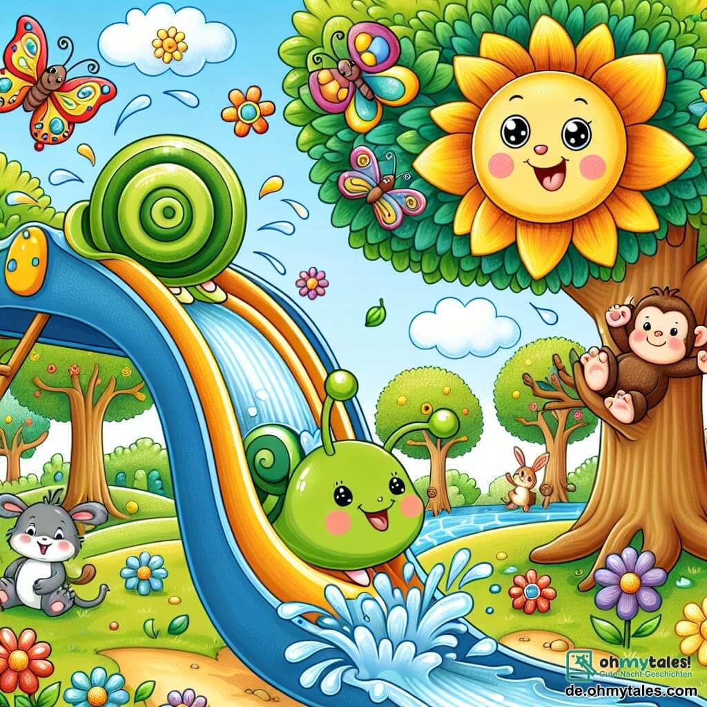 Illustration eines fröhlichen sonnigen Tierparks mit Bäumen mit leuchtend grünen Blättern und bunten Blumen, die im Wind tanzen. In der Mitte gleitet eine kleine Schnecke mit einer glänzenden grünen Schale und einem schelmischen Lächeln langsam auf einer Wasserrutsche, bereit ins Wasser zu tauchen. Neben ihr fliegt ein Schmetterling mit bunten Flügeln fröhlich, während ein kleiner Affe mit braunem Fell und funkelnden Augen sich an einem Ast schwingt, lacht und die Schnecke anfeuert. Im Hintergrund schauen Tiere wie Vögel und Kaninchen neugierig zu, während Wasserfontänen um die Schnecke spritzen und eine festliche, kameradschaftliche Atmosphäre schaffen.
