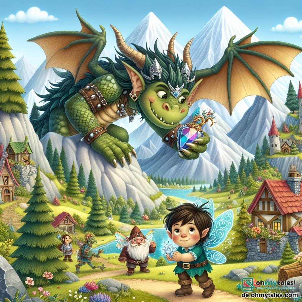 Une illustration destinée aux enfants représentant un petit troll garçon, différent des autres trolls, bravant les montagnes escarpées pour trouver un précieux amulett gardé par un dragon redoutable, accompagné de sa meilleure amie, une fée fille aux ailes brillantes, dans un village magique entouré de hauts montagnes et de forêts luxuriantes.