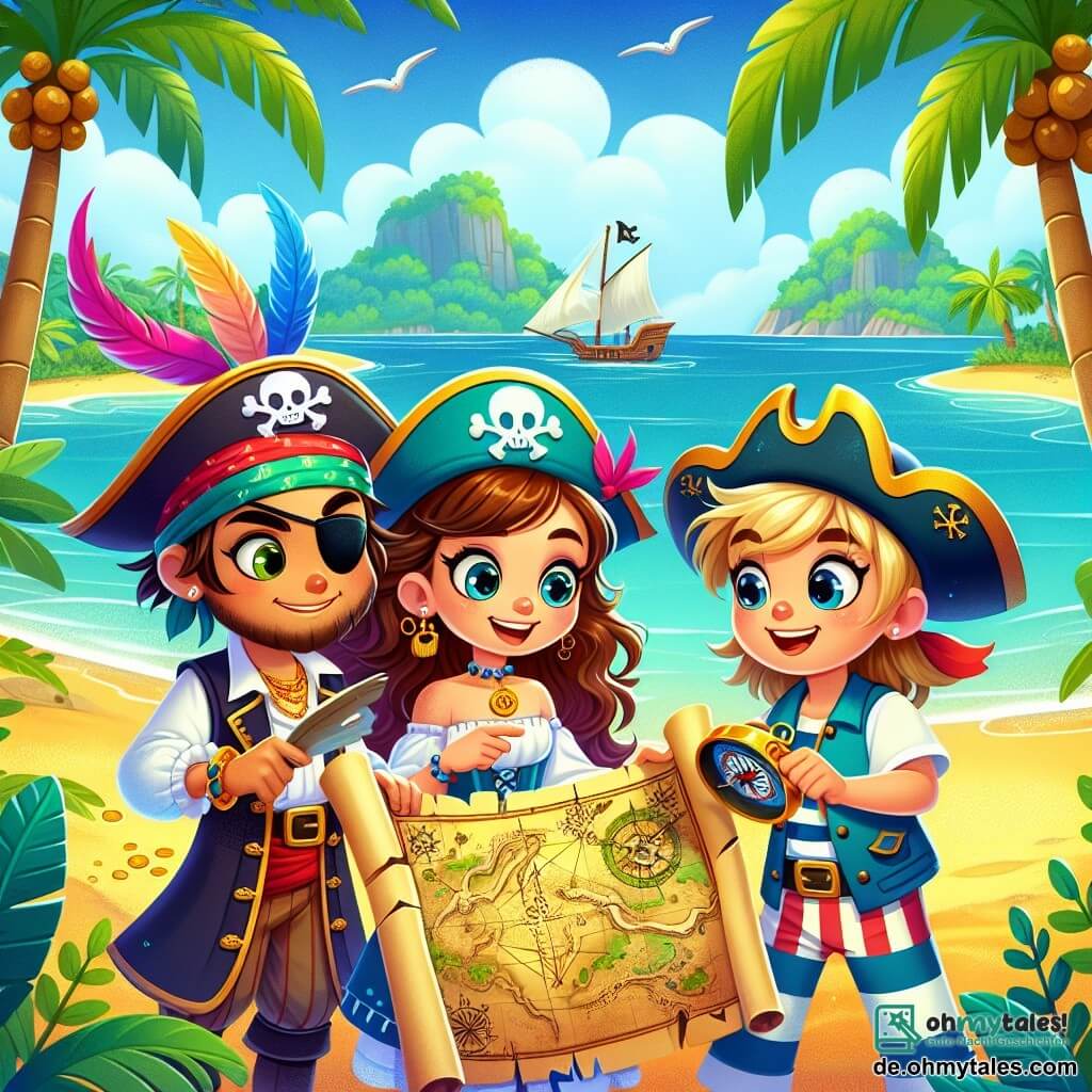 Une illustration sous forme de dessin destinée aux enfants représentant une île tropicale verdoyante avec des palmiers et une plage de sable doré, où une courageuse pirate aux cheveux longs et bouclés, portant un chapeau de pirate orné de plumes colorées, examine une vieille carte au trésor avec un air déterminé, tandis qu'à ses côtés, un jeune garçon au visage souriant, vêtu d'un gilet de marin, tient une boussole, et une jeune fille aux cheveux courts et aux yeux pétillants, habillée en matelot, pointe du doigt une direction excitante sur la carte, le tout dans une ambiance d'aventure et de mystère, alors qu'ils se préparent à partir à la recherche d'un trésor légendaire.